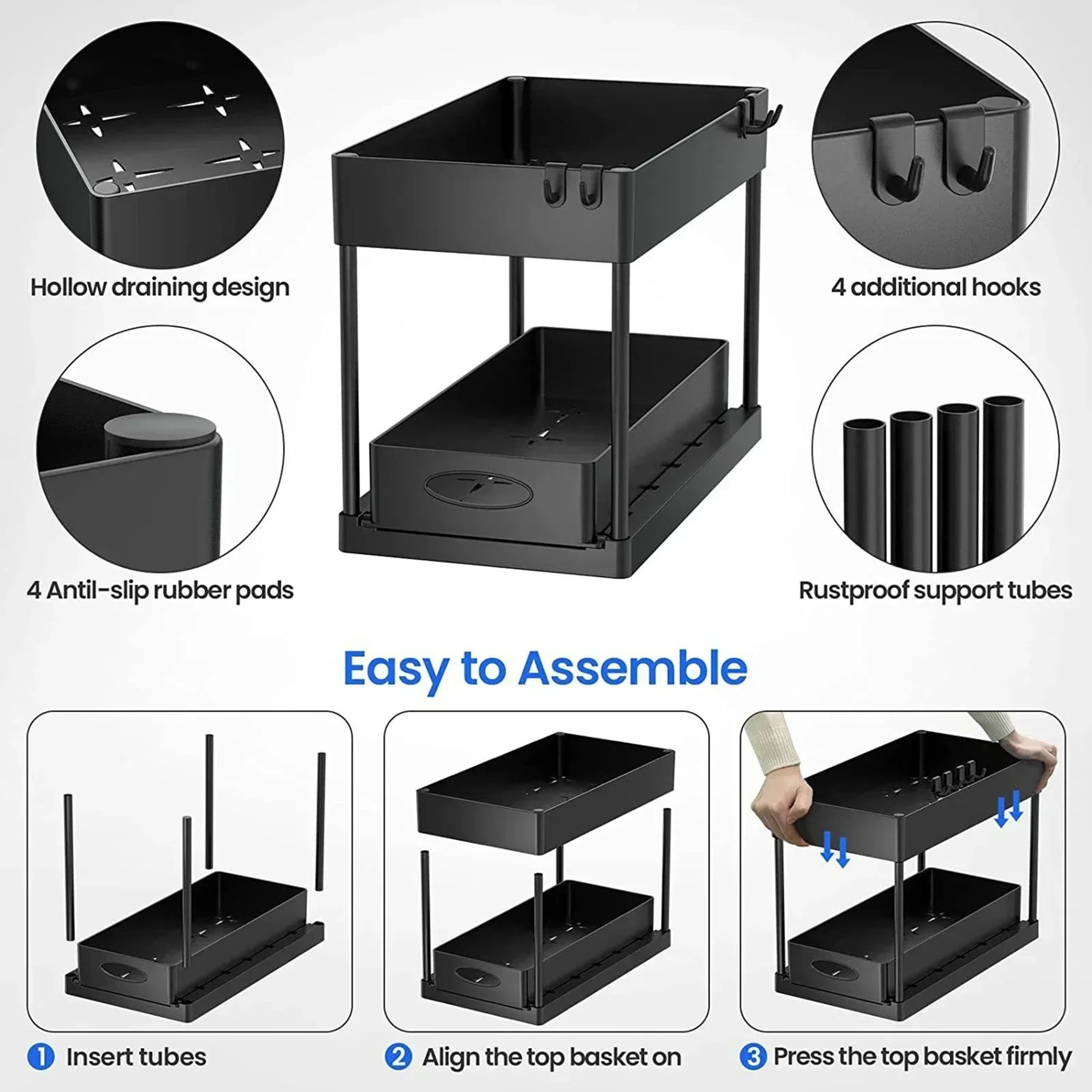 2 Tier Under Sink Sliding Storage Organizer Rack With Hooks 7