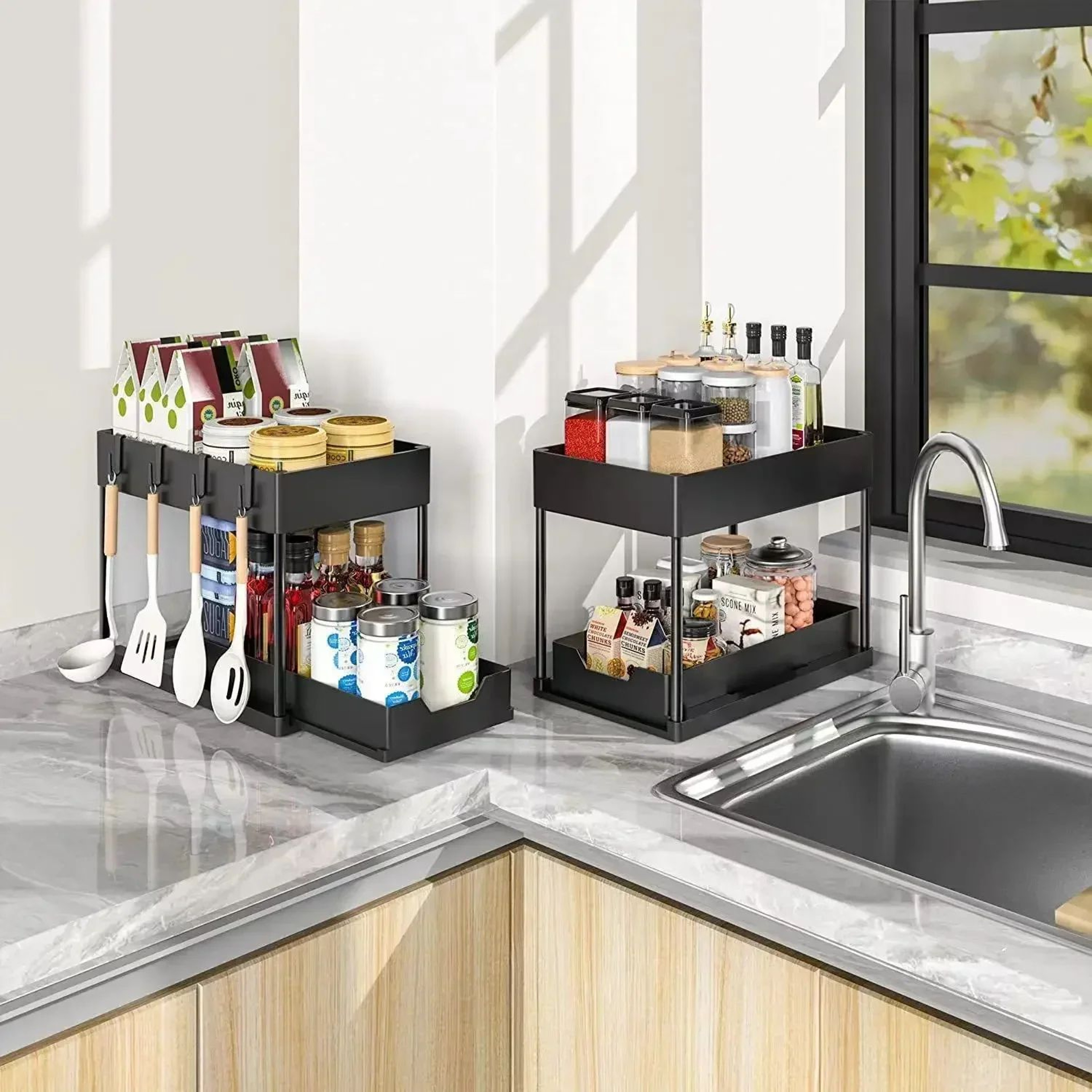 2 Tier Under Sink Sliding Storage Organizer Rack With Hooks 9