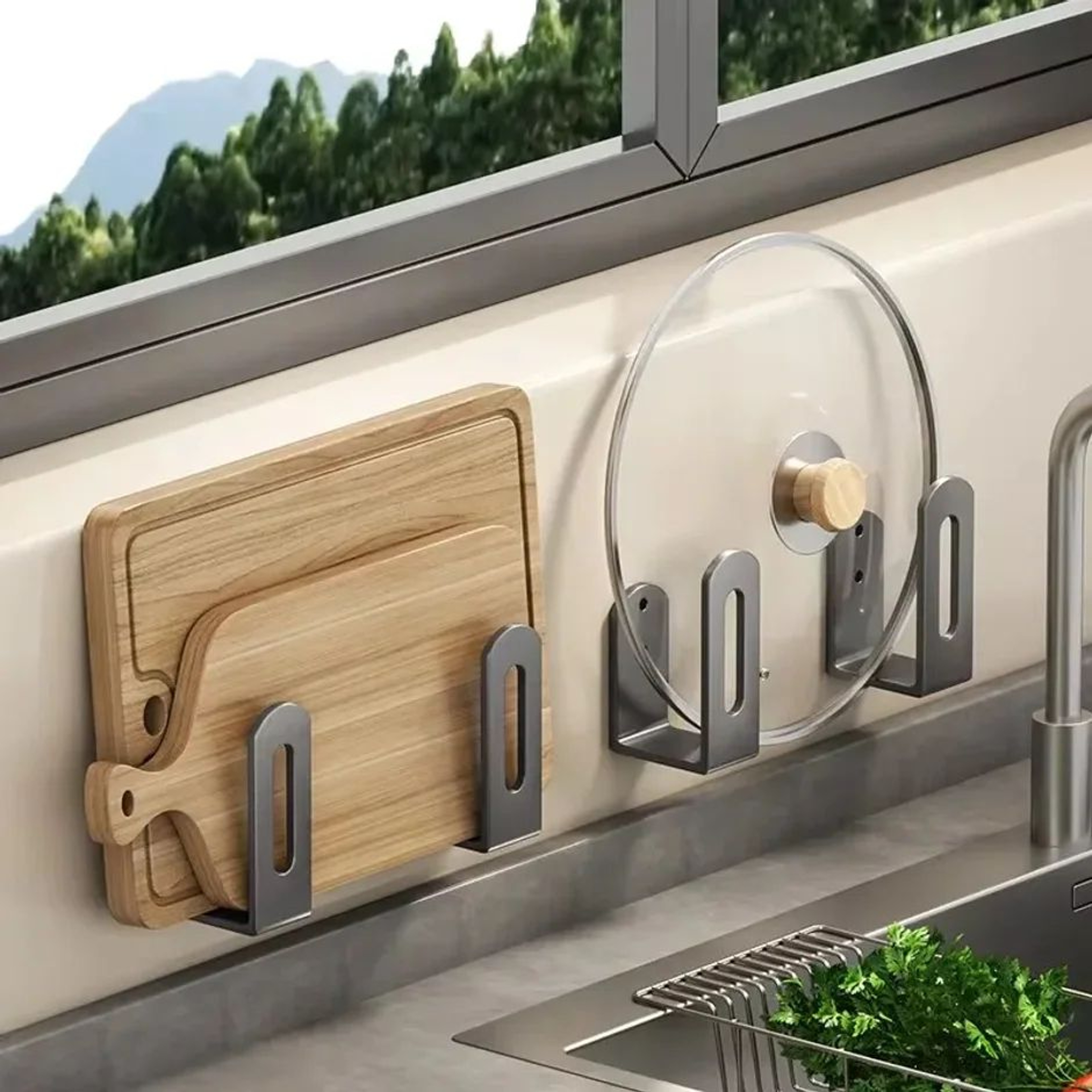 Wall Mounted Pot Lid And Cutting Board Organizer Set 0