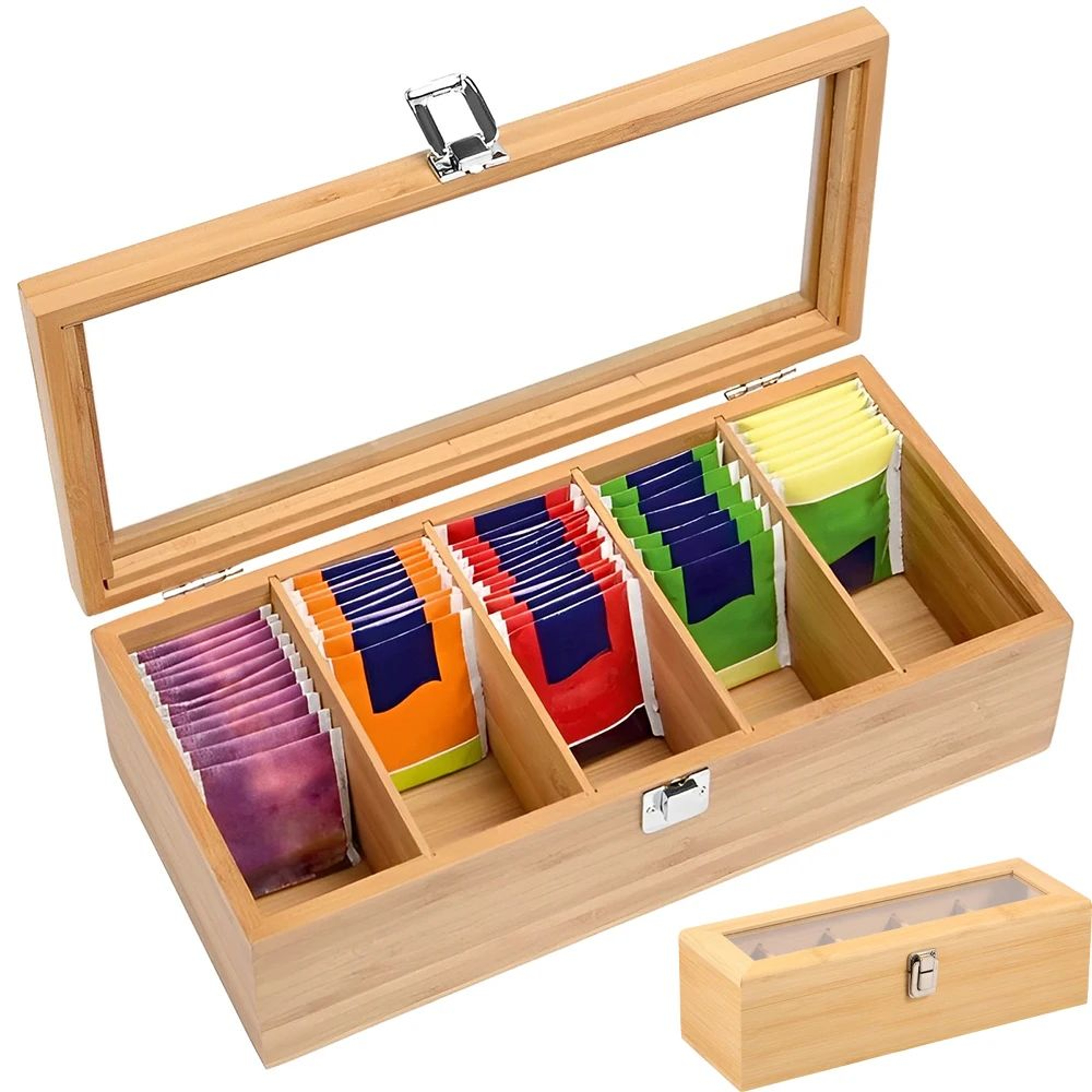 Bamboo Tea Bag Storage Box With Compartments 0