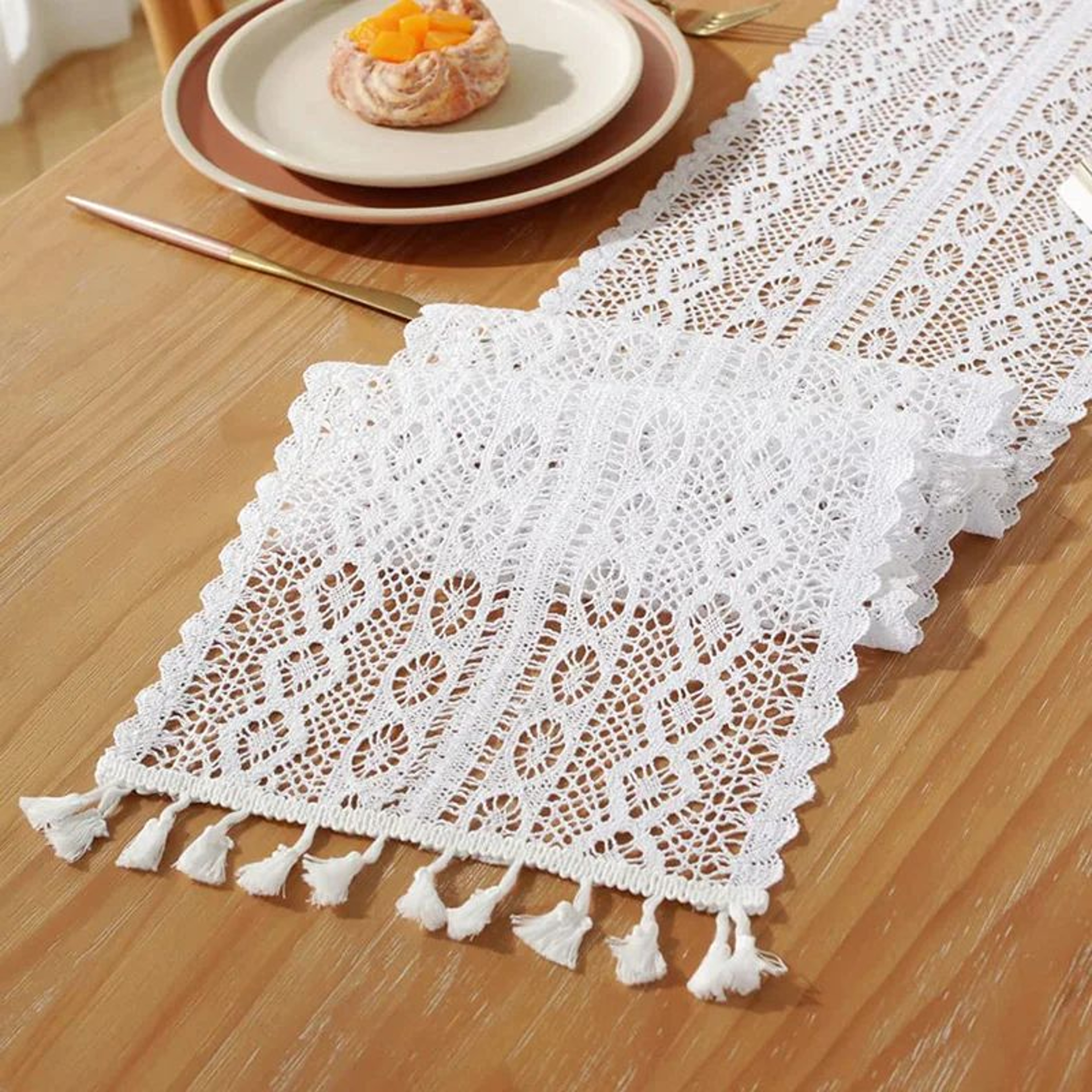 Vintage Beige Crochet Lace Table Runner With Tasselsl 8