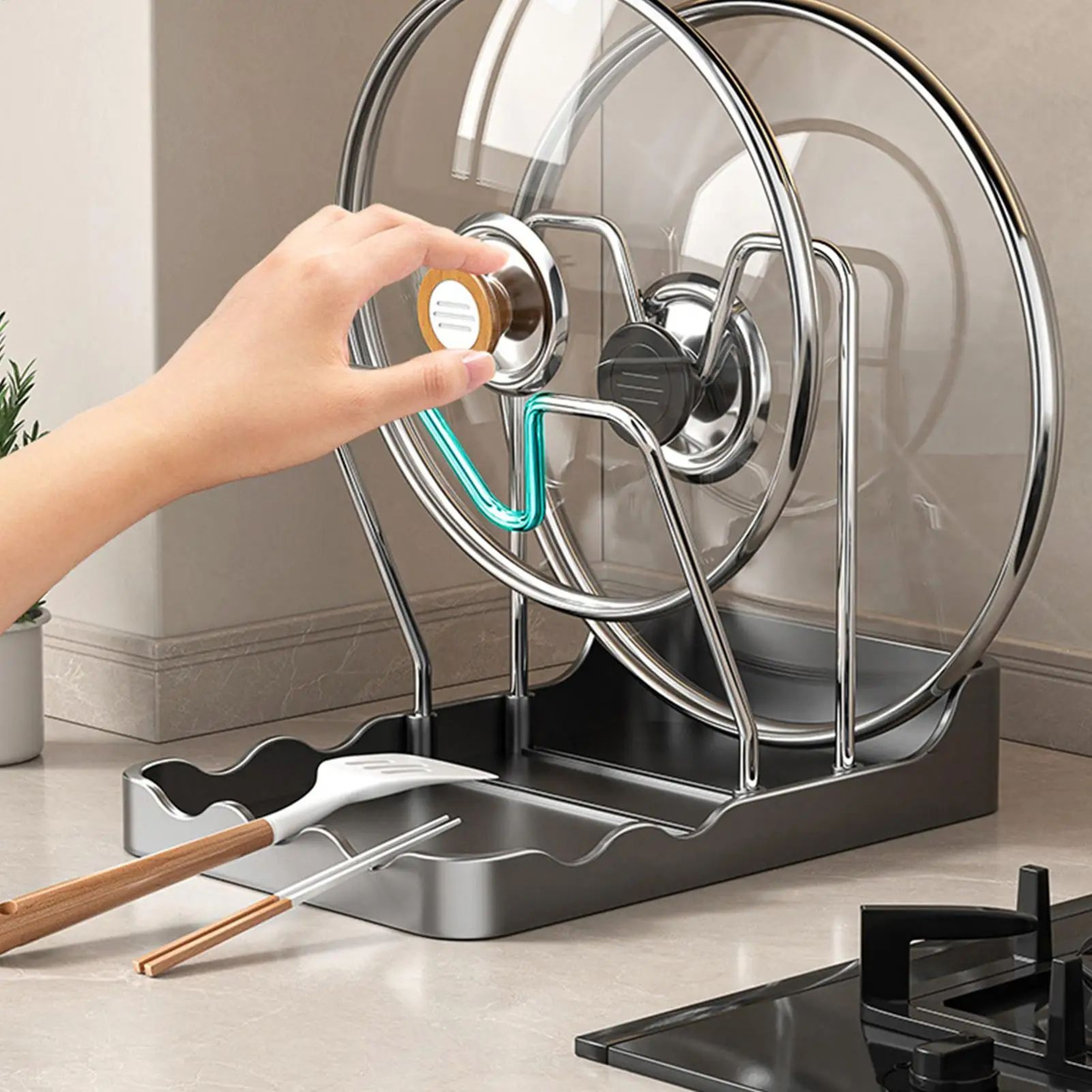 Double Layer Pot Lid Organizer Rack With Drain Tray 7