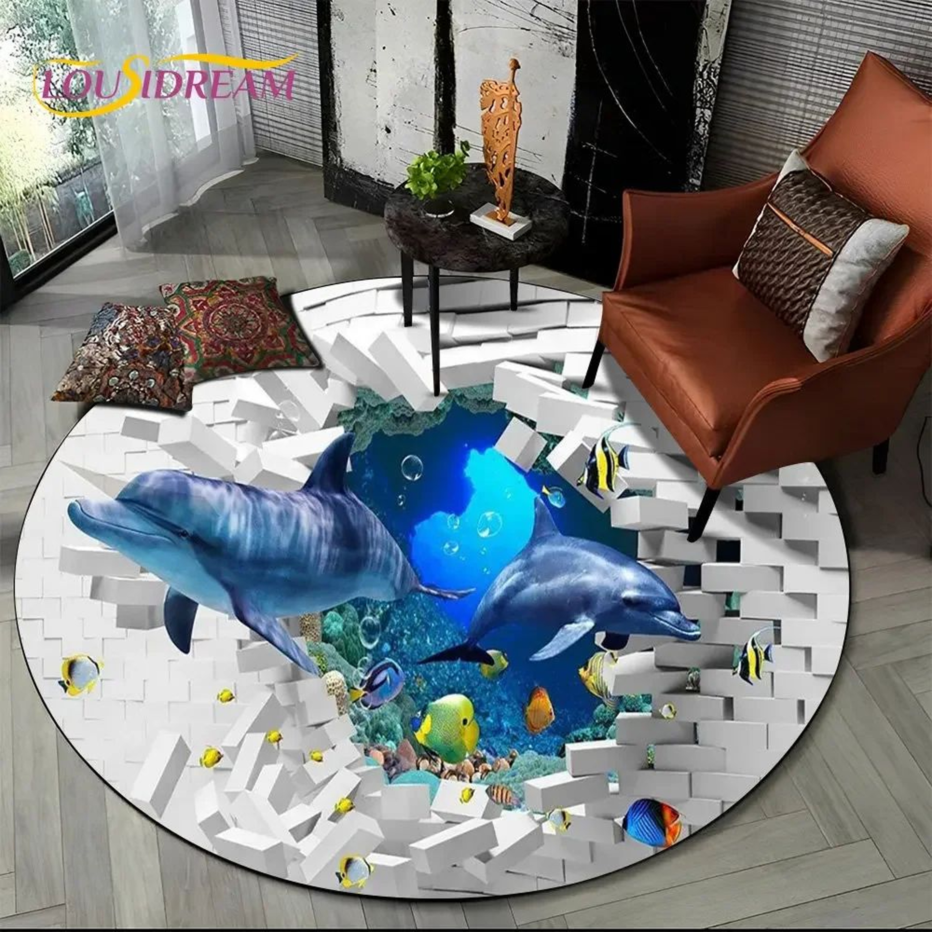 3D Underwater Dolphin Illusion Round Area Rug 11