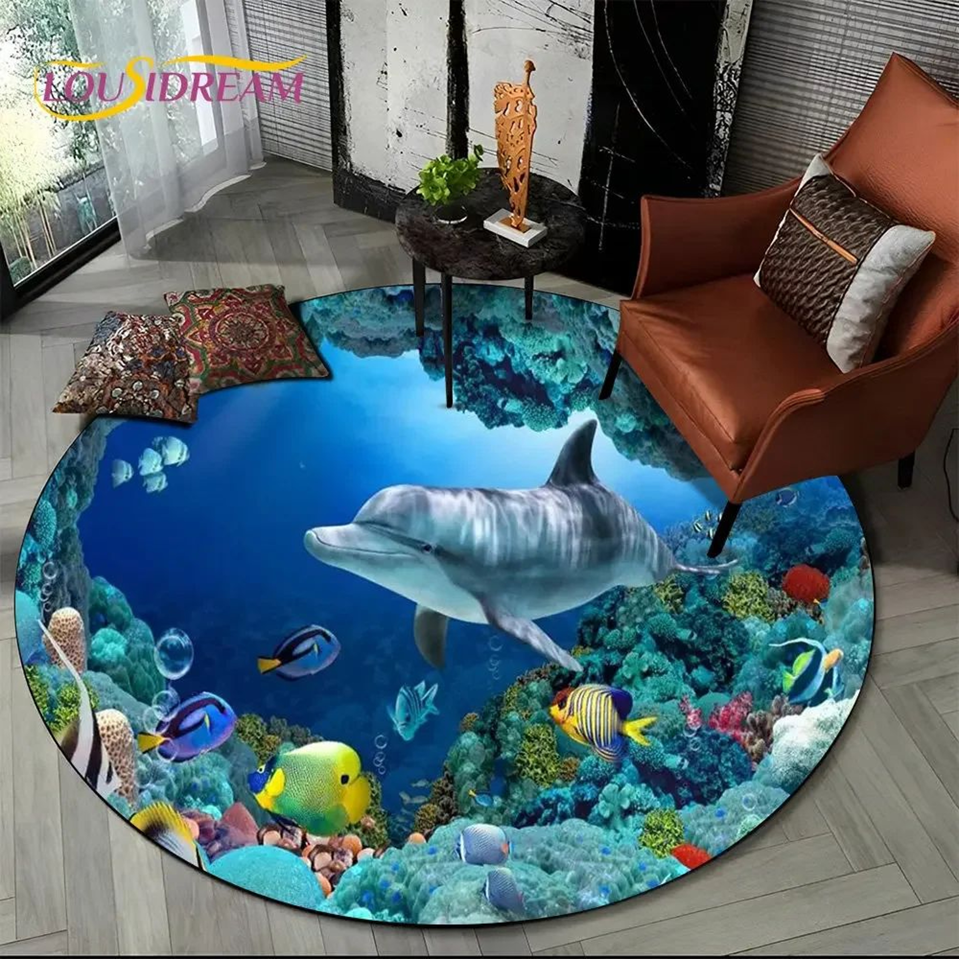 3D Underwater Dolphin Illusion Round Area Rug 13