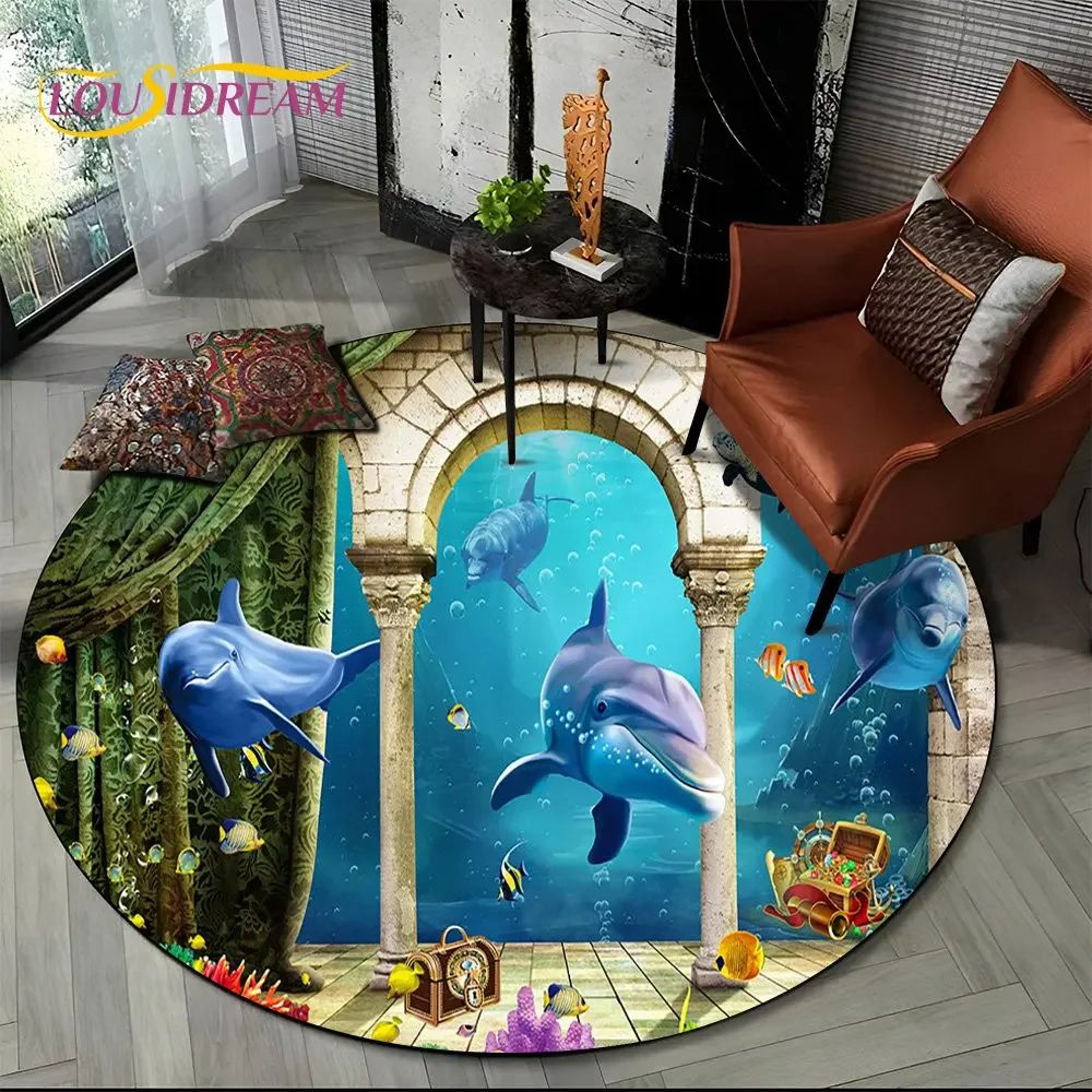 3D Underwater Dolphin Illusion Round Area Rug 14
