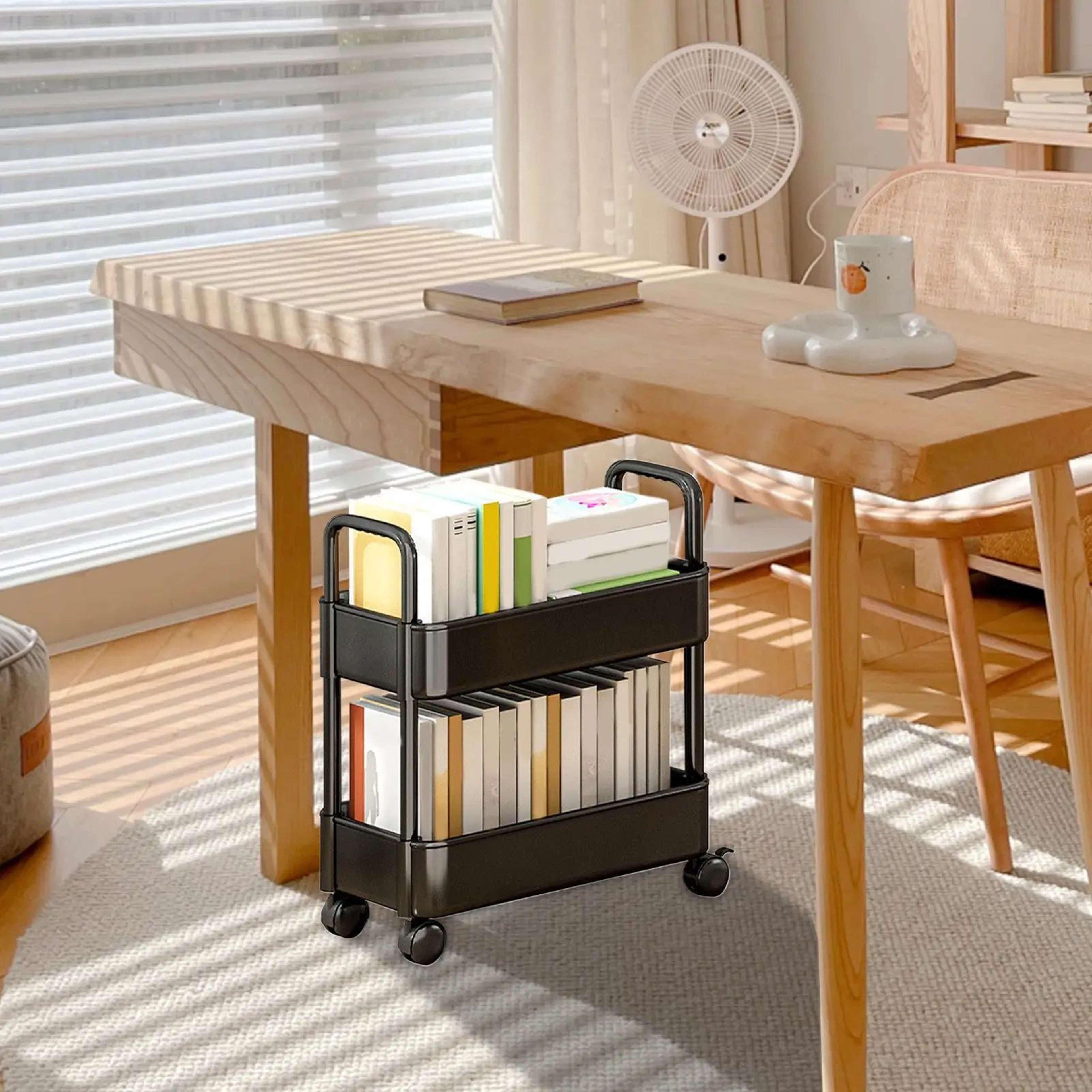 2 Tier Rolling Bookshelf Cart With Wheels Multi Purpose Storage Rack 4