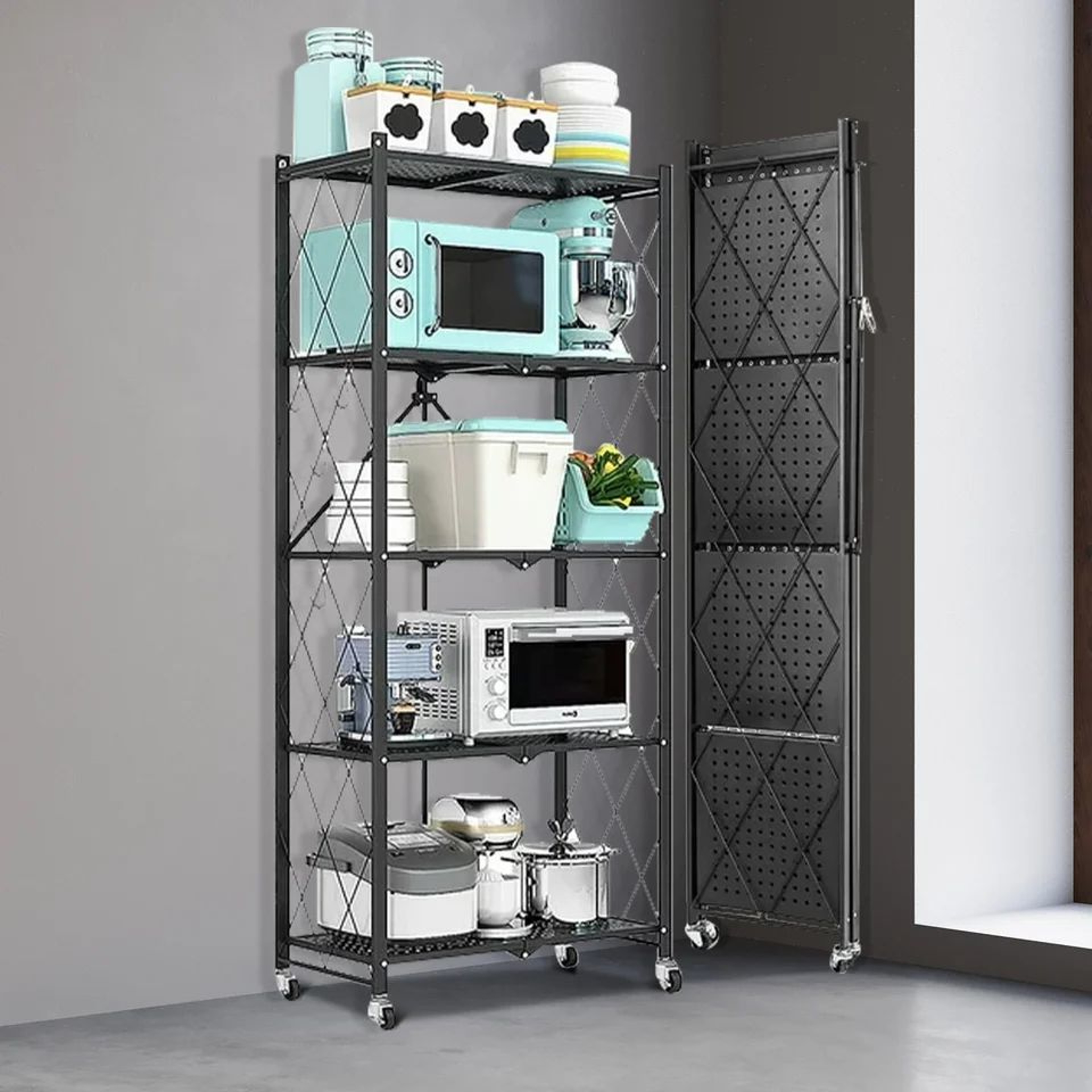 5 Tier Foldable Metal Storage Rack With Wheels 1