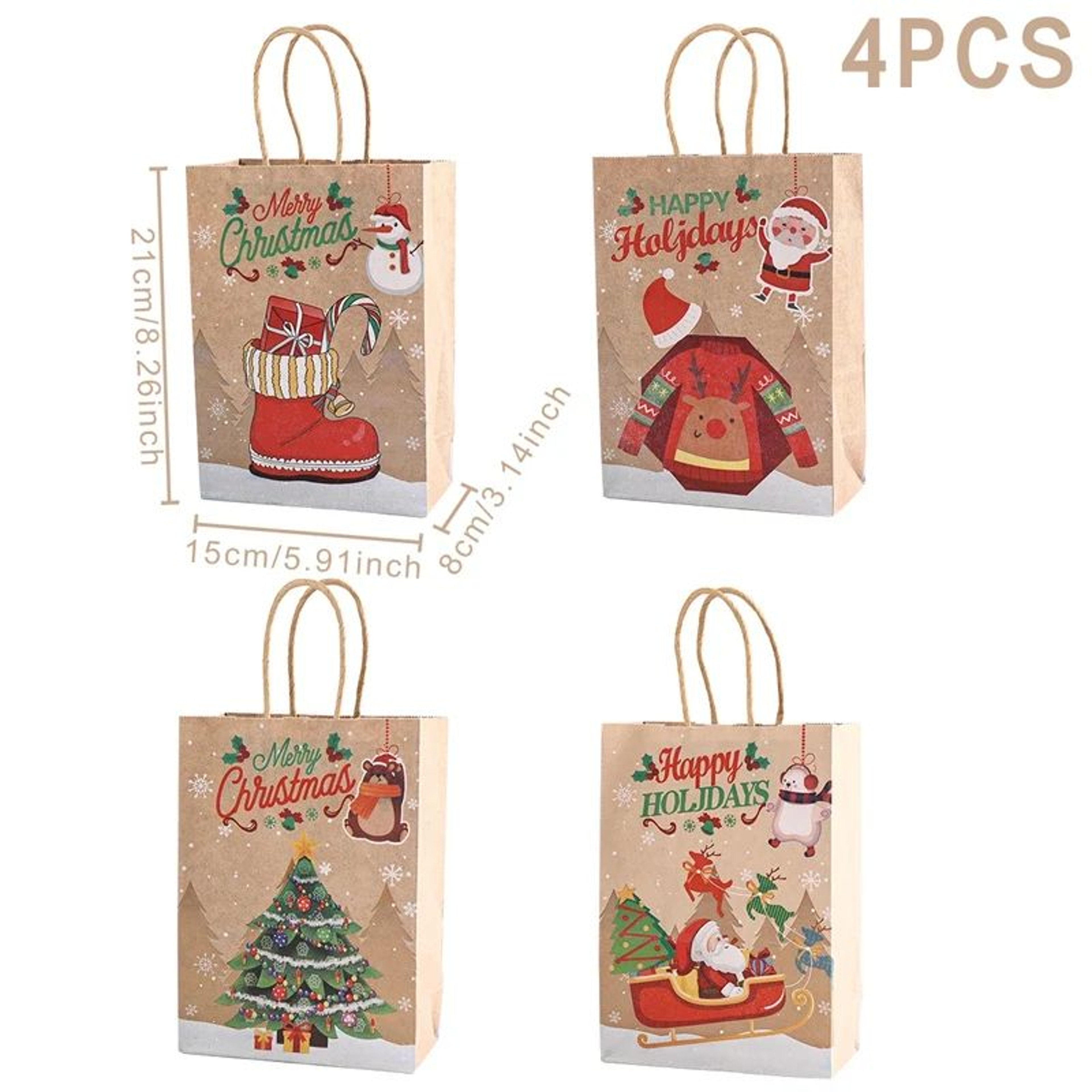 Christmas Kraft Paper Gift Bags With Handles Set 10