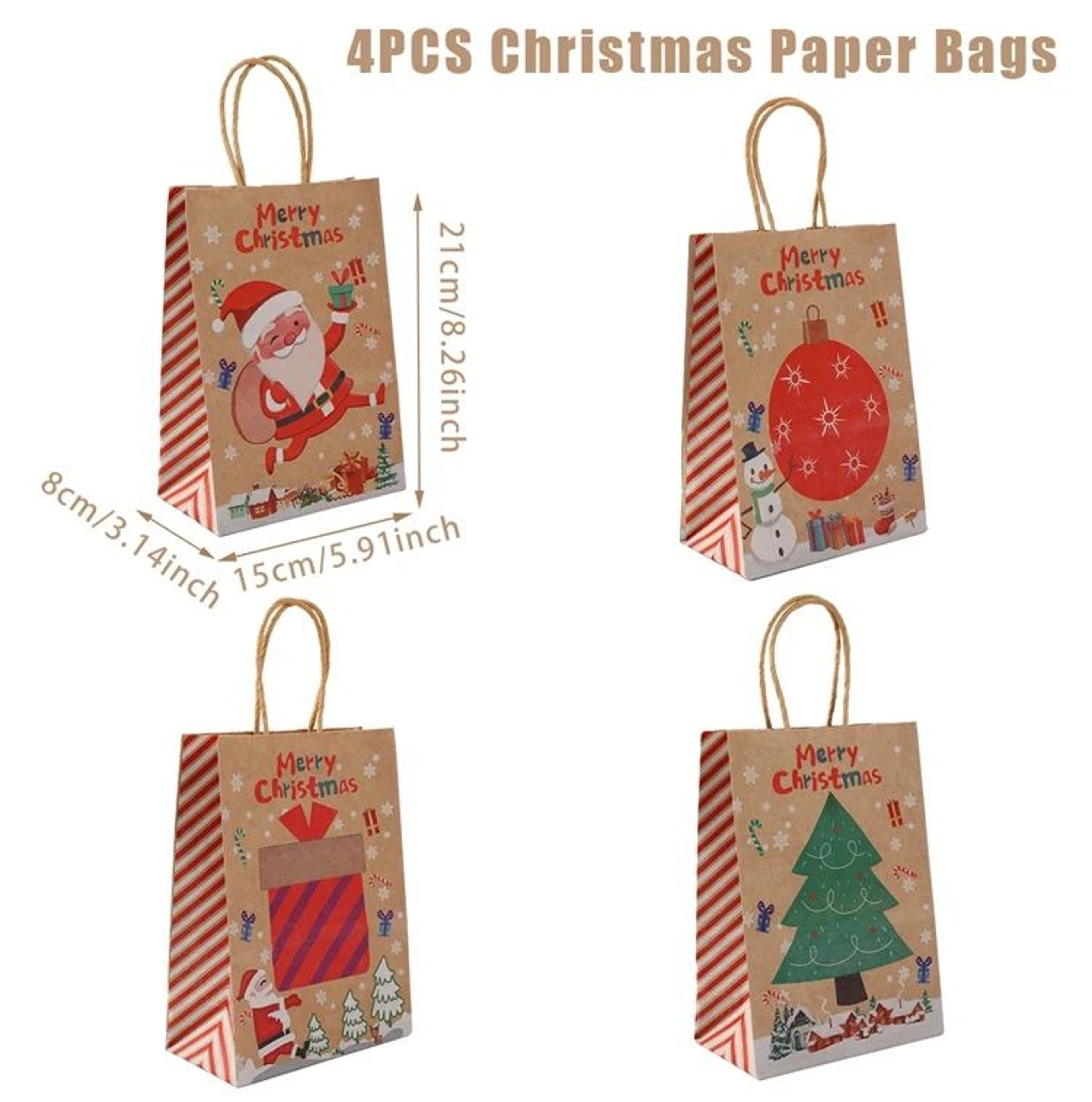 Christmas Kraft Paper Gift Bags With Handles Set 13