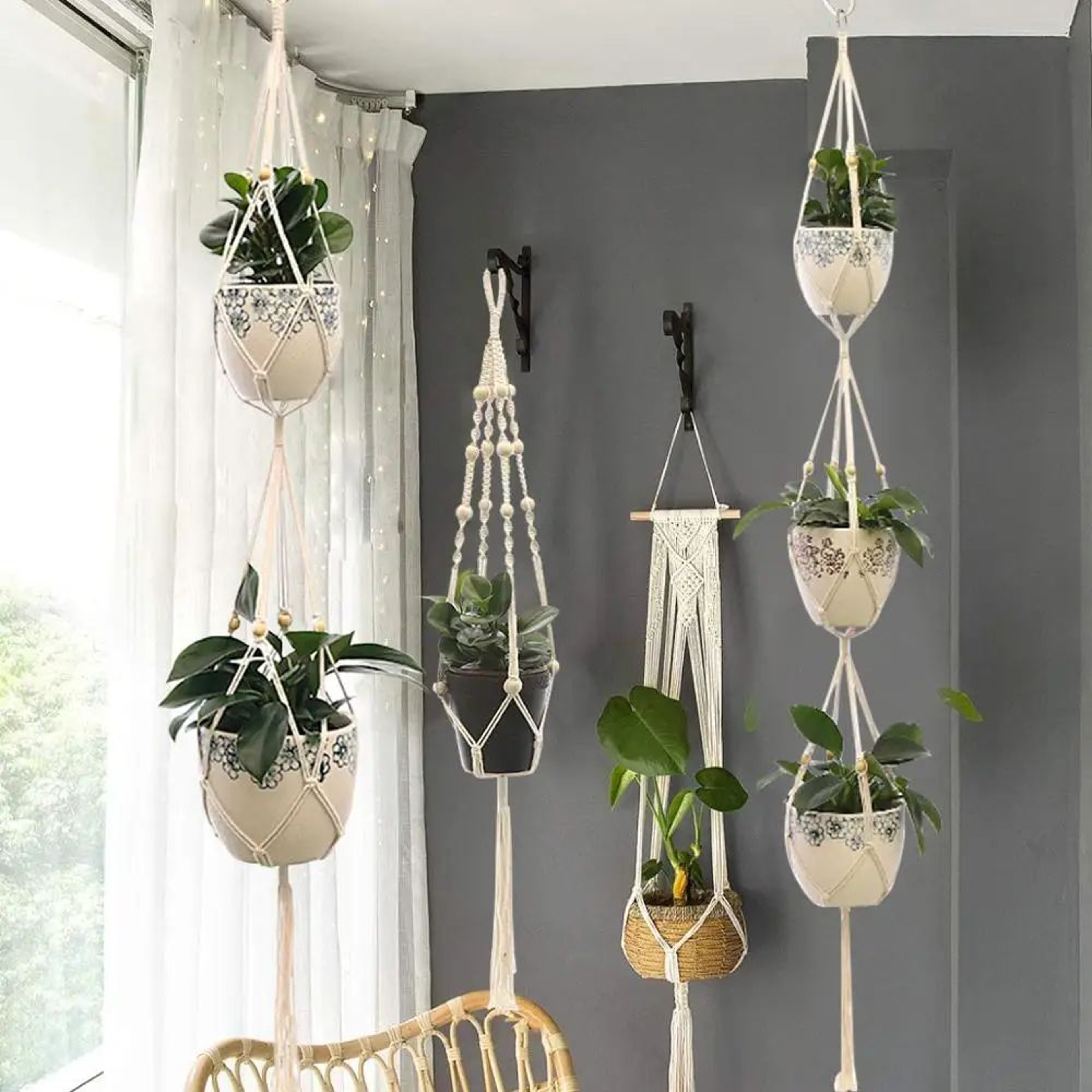 Artificial Hanging Plant With Macrame Basket And Hook 0