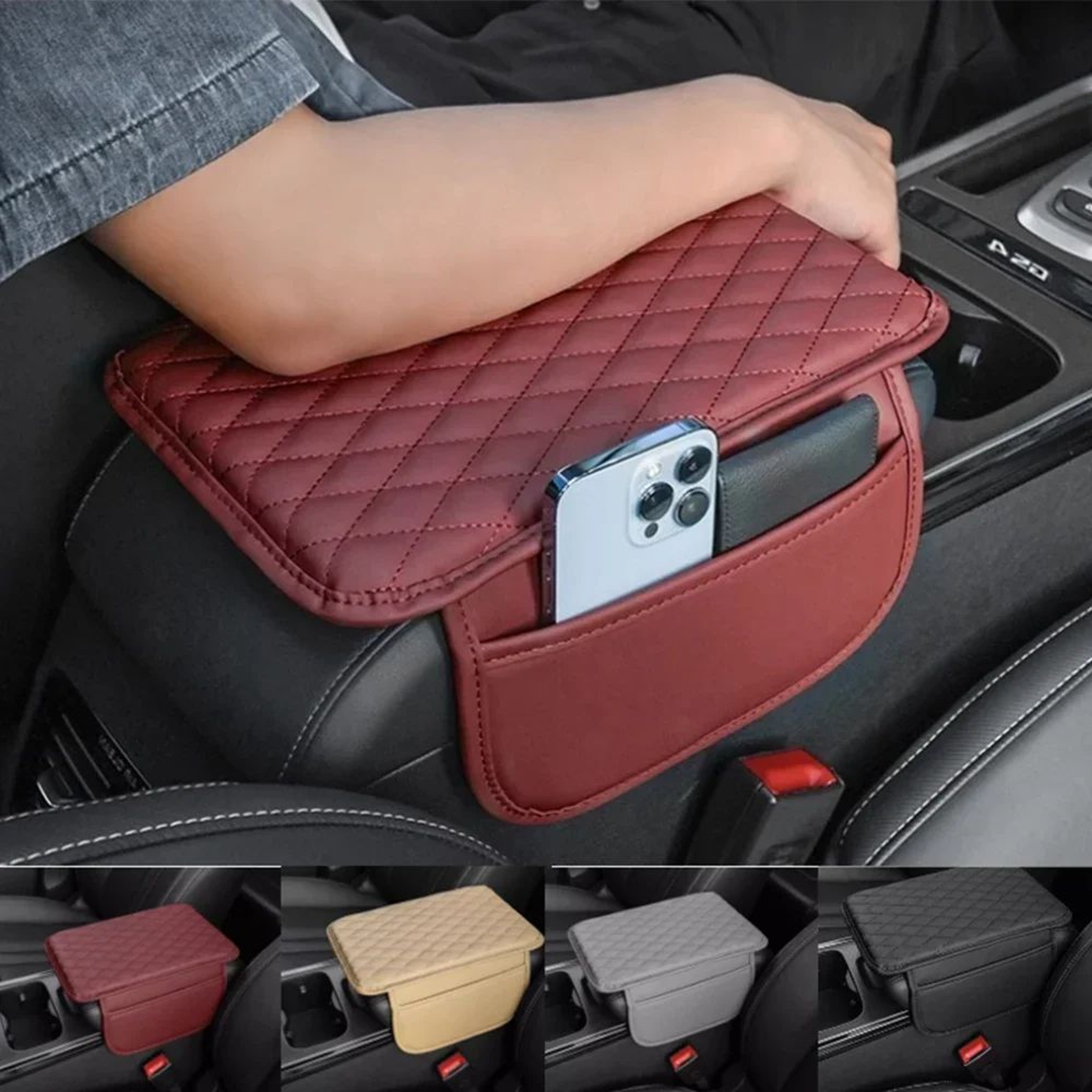 Universal Car Armrest Cushion With Side Storage Pockets 1