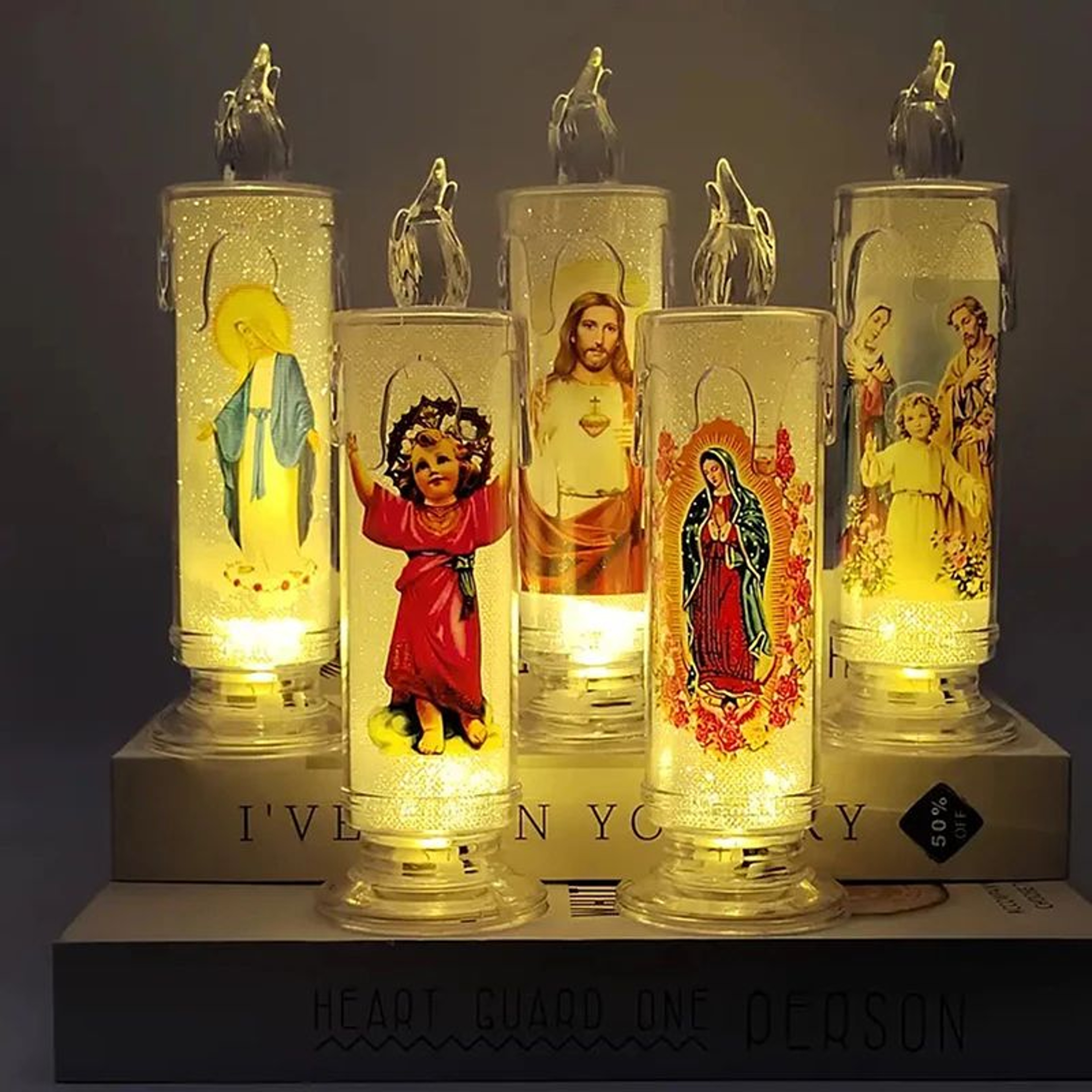 Flameless LED Prayer Candle With Jesus And Virgin Mary 0