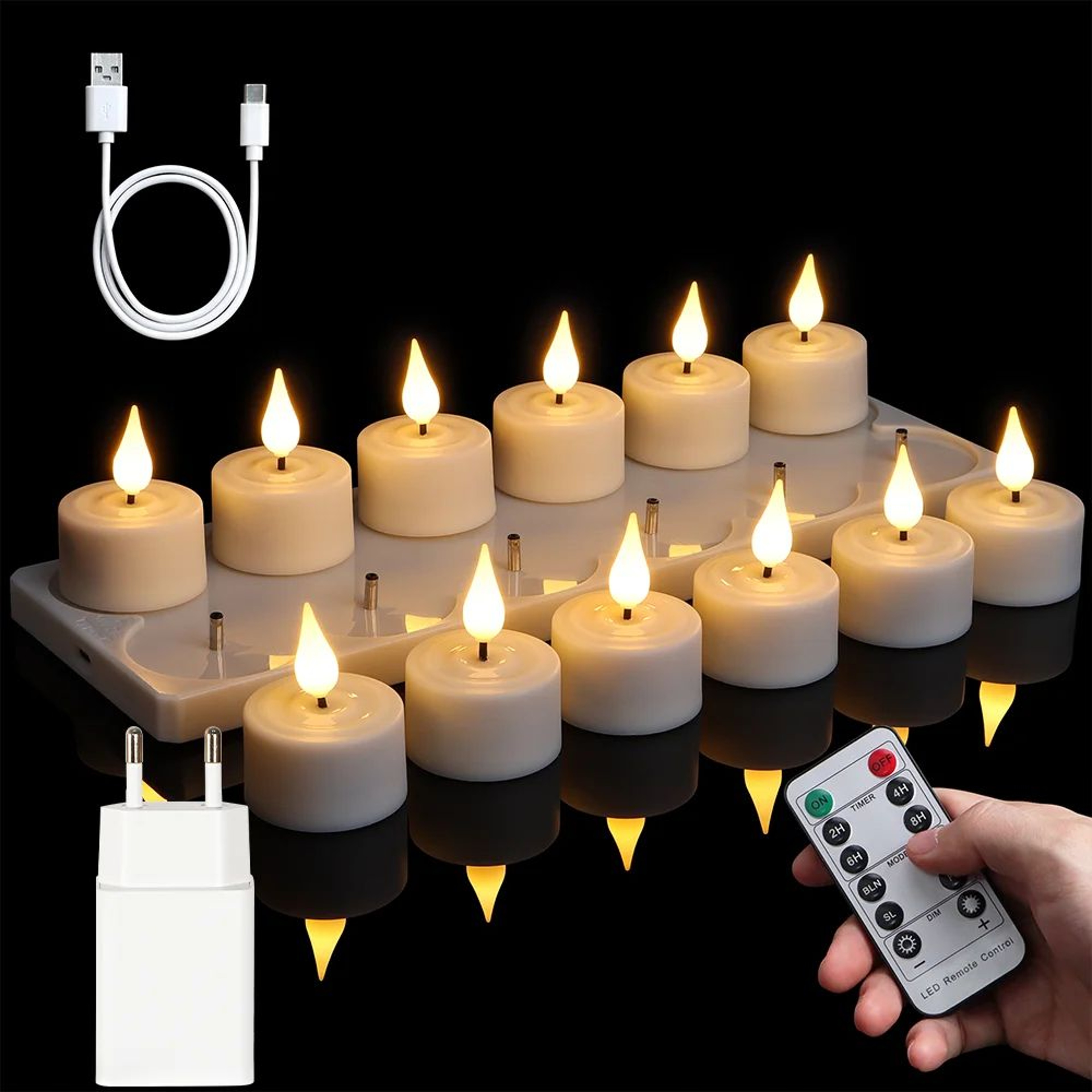 Rechargeable LED Tea Light Candles With Timer And Black Cups Set 0