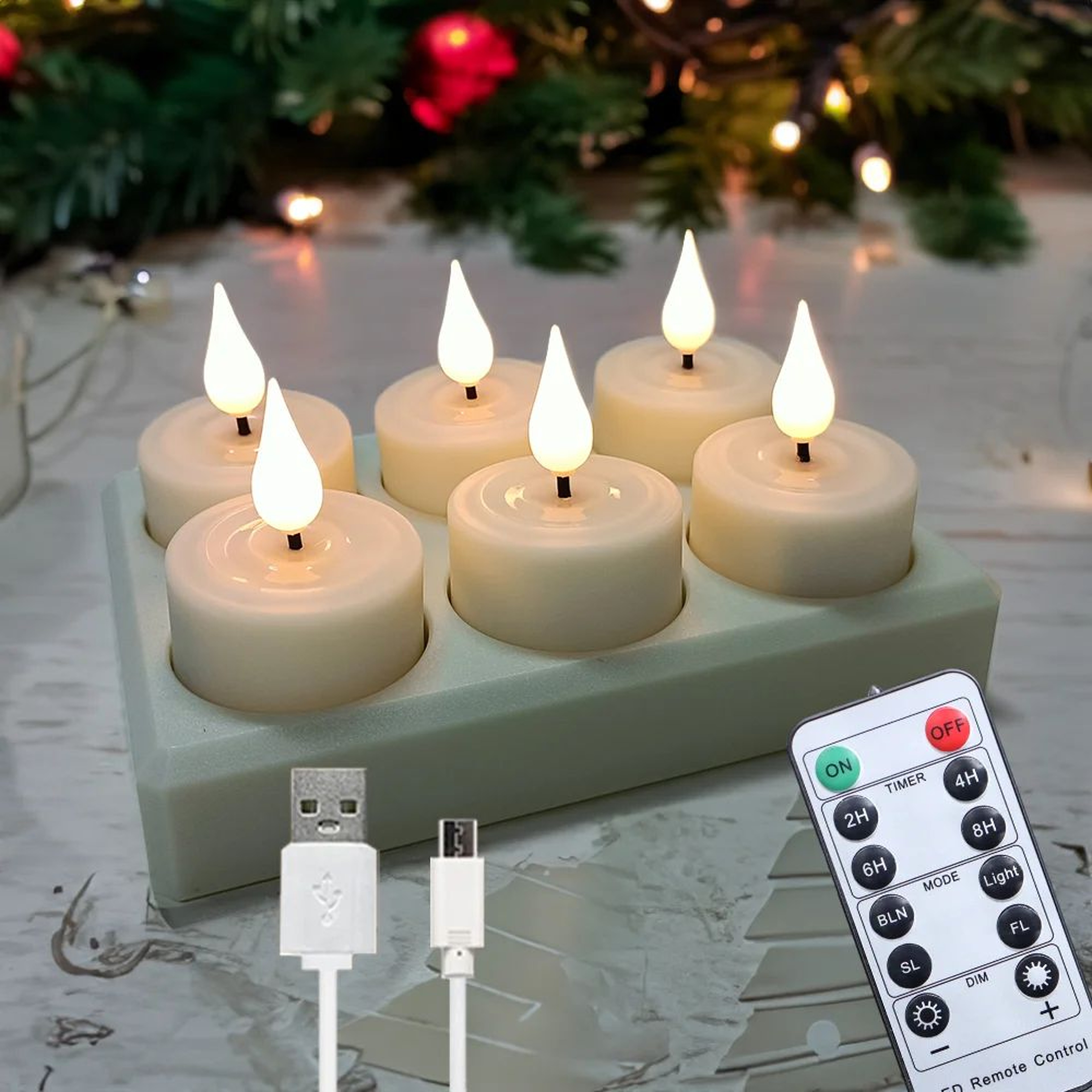 Rechargeable LED Tea Light Candles With Timer And Black Cups Set 6