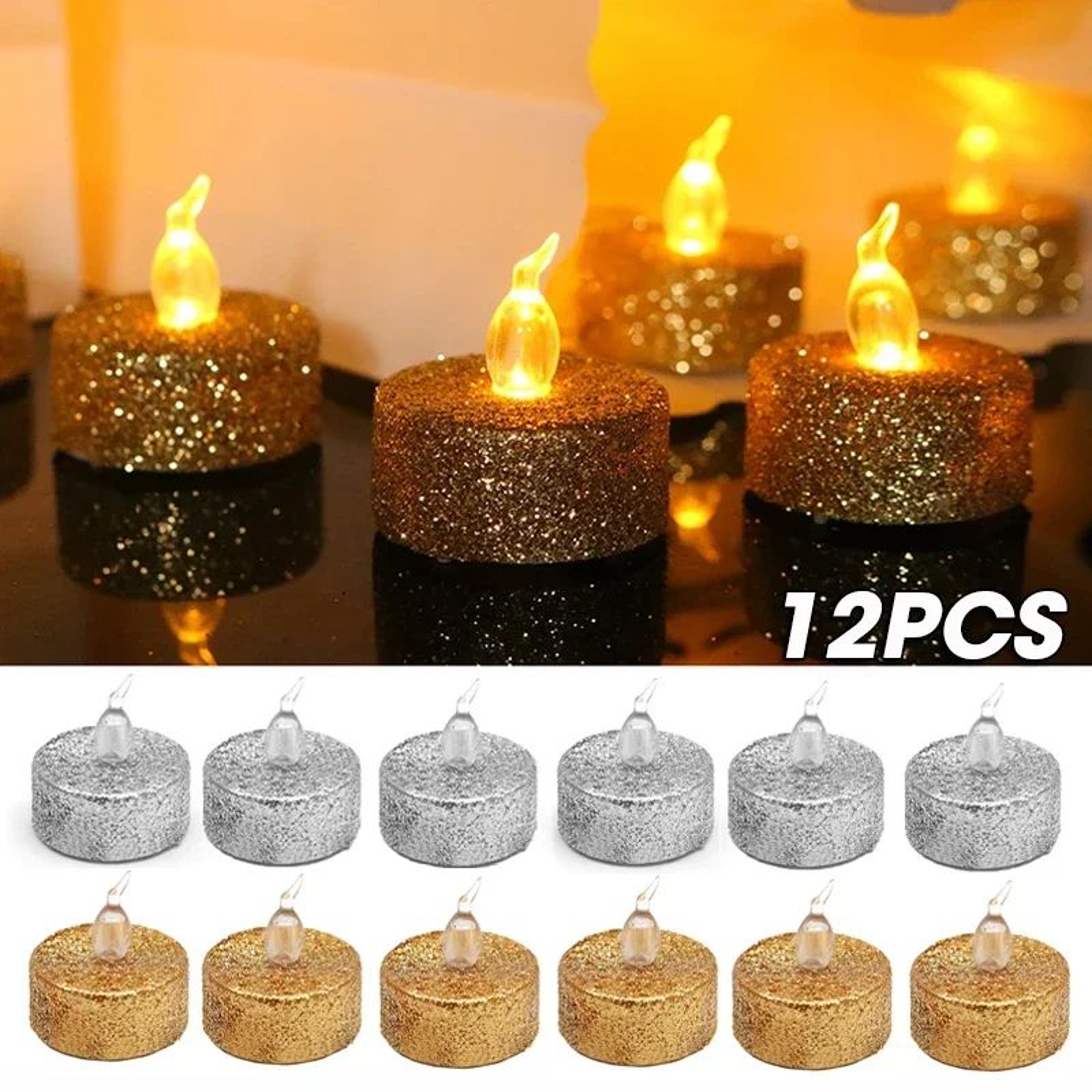 Gold Glitter Flameless LED Tealight Candles For Party And Wedding Decor 0