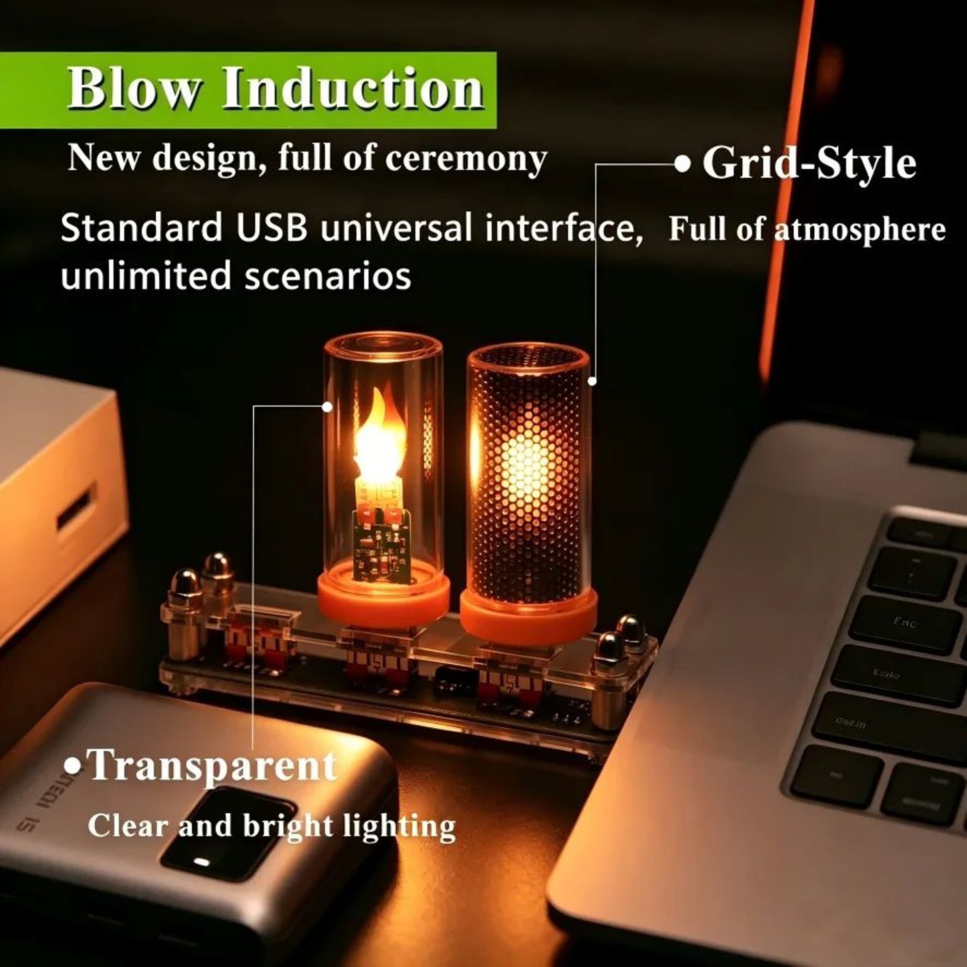 USB LED Flame Glass Night Light With Blow Control 0