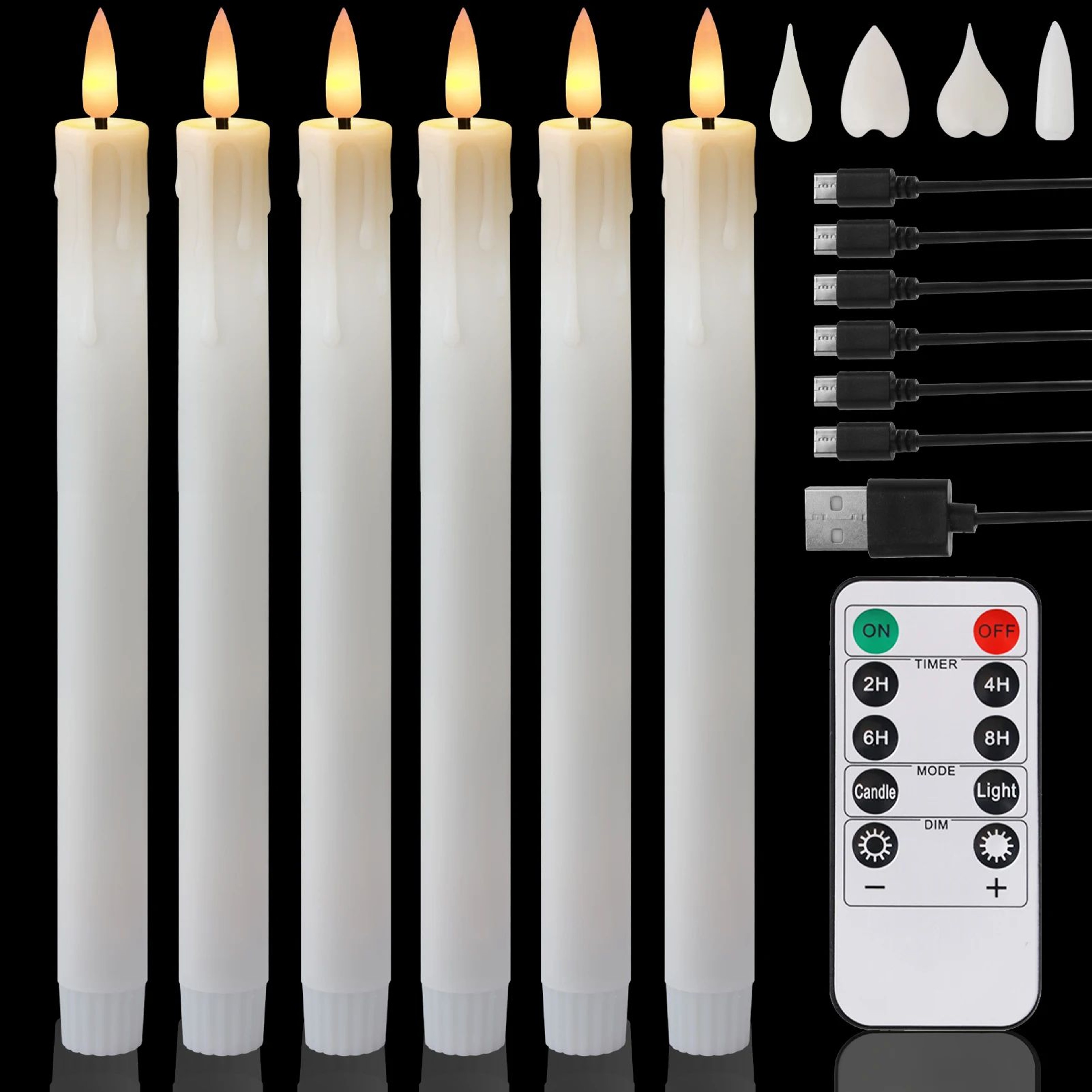 6 Piece USB Rechargeable LED Taper Candles With Remote And Timer 6