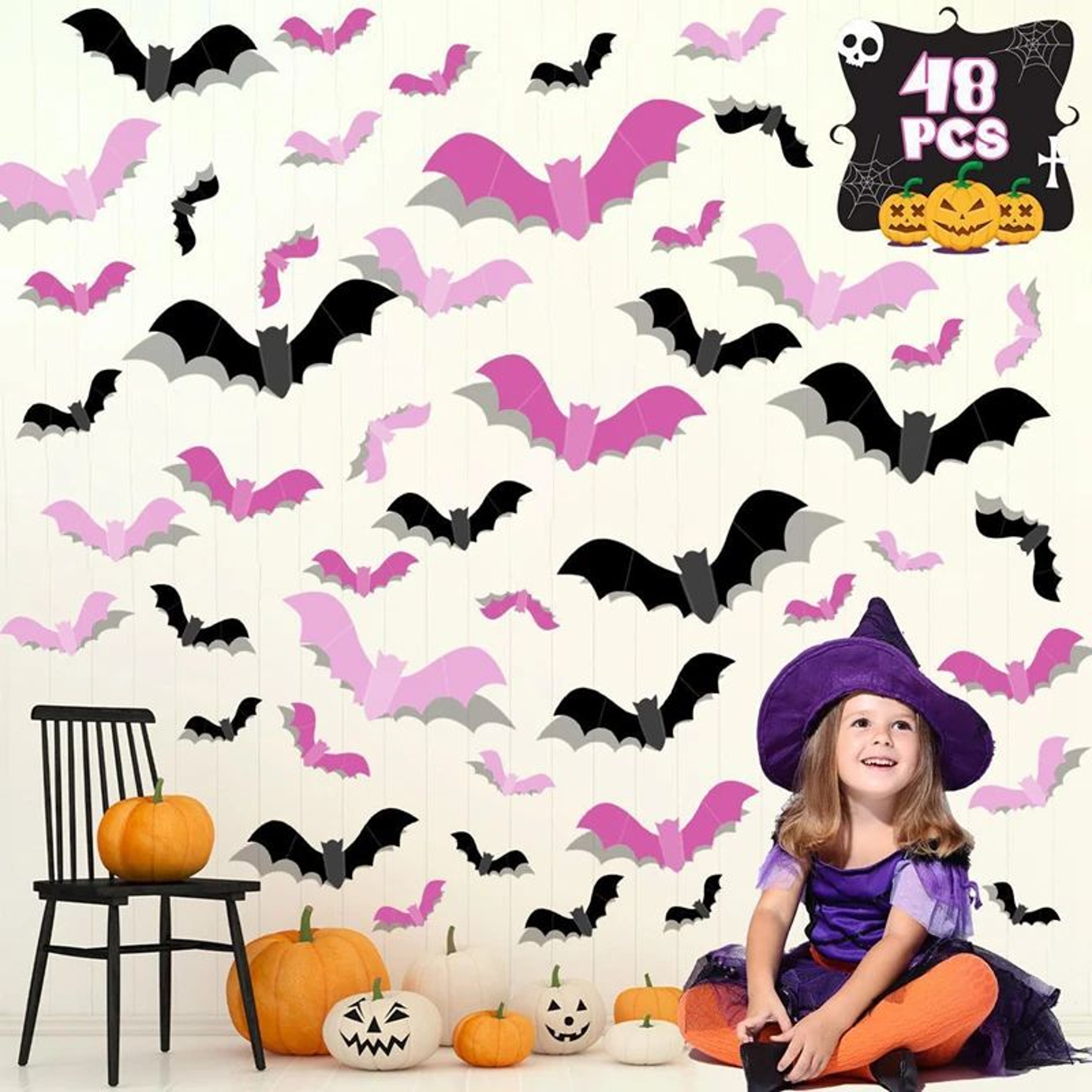 3D Pink Halloween Bat Window And Wall Sticker Set 3