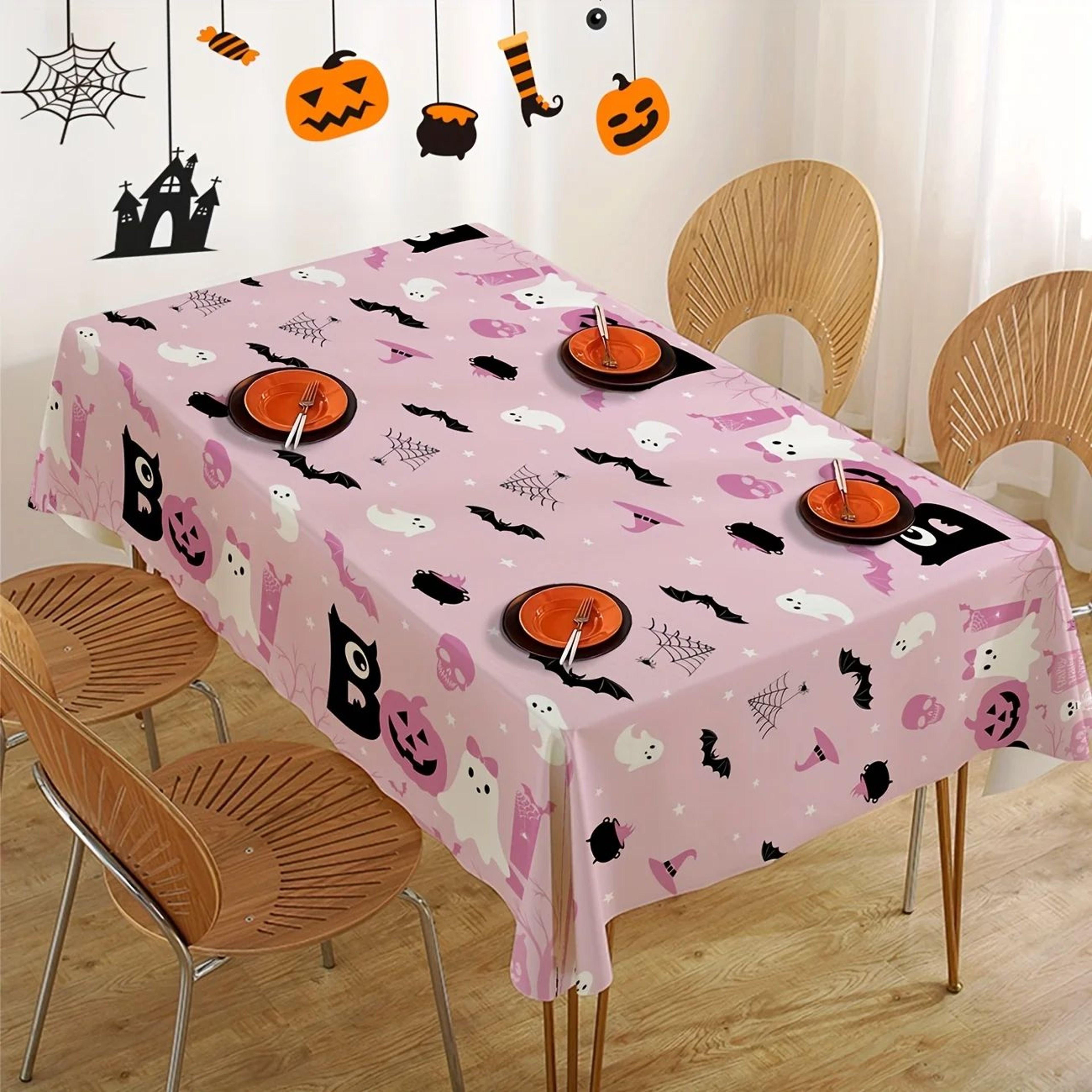 3 Pack Pink Halloween Plastic Tablecloths With Ghost And Pumpkin Design 1