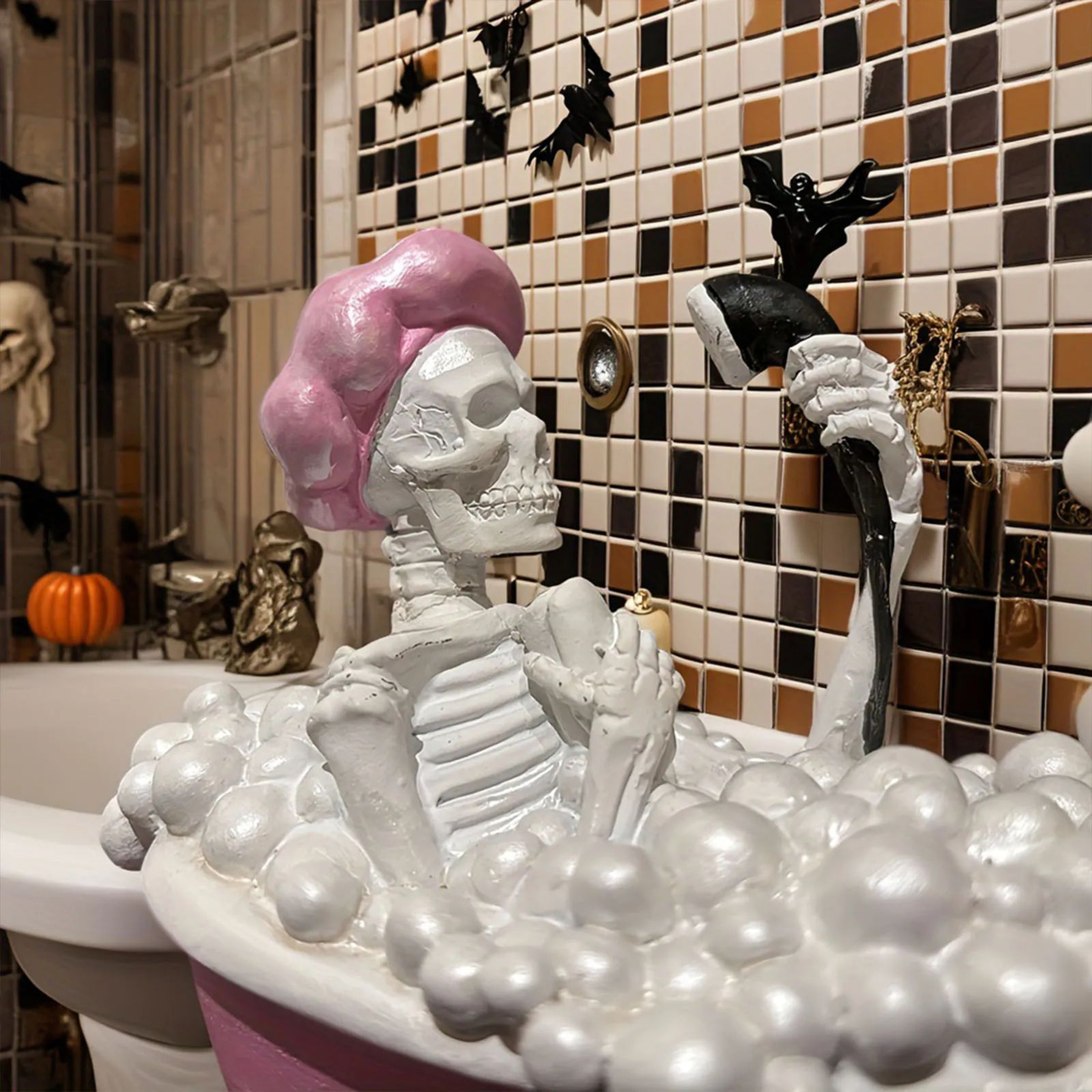 Spooky Skeleton In Pink And White Bathtub Halloween Decor 6