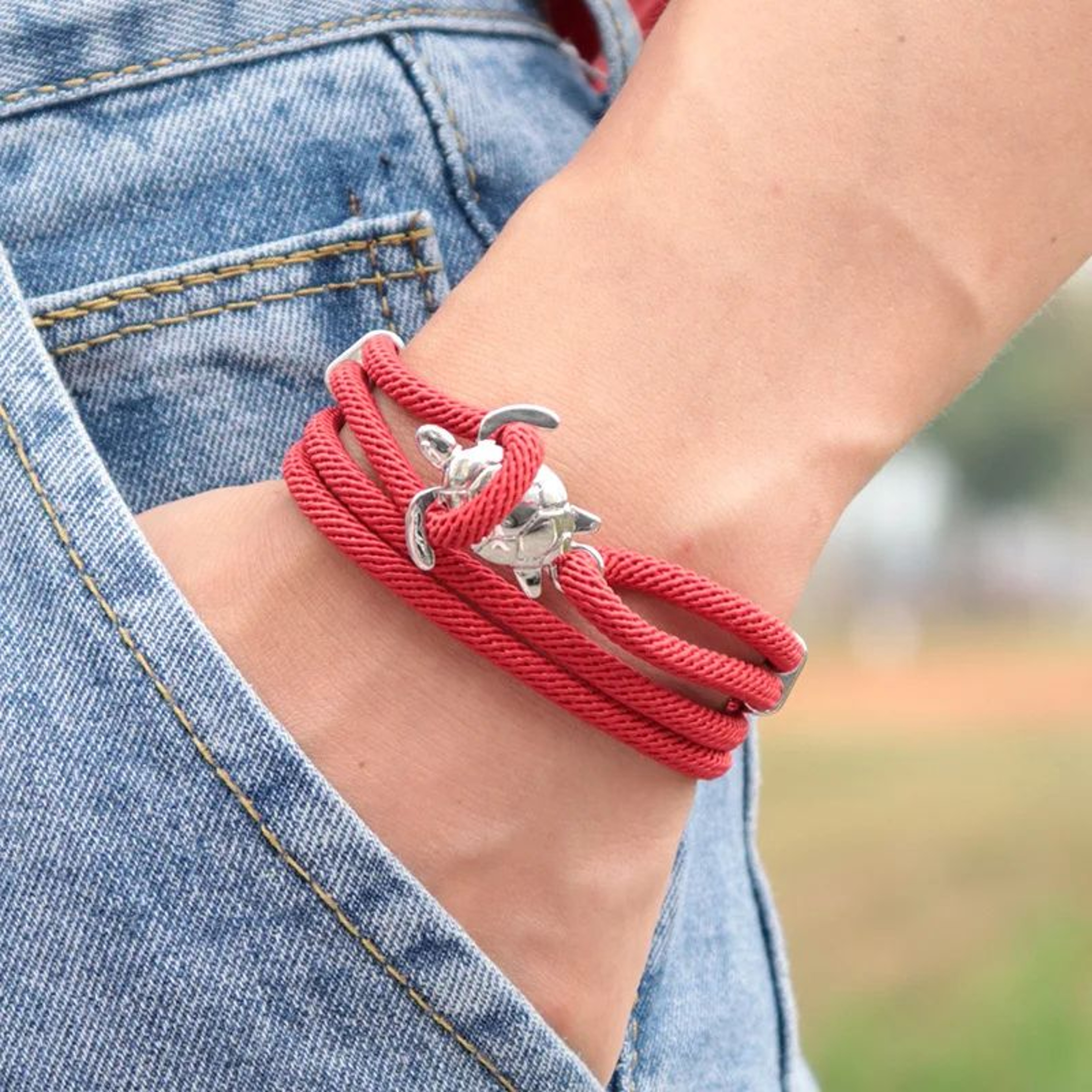 Silver Sea Turtle Hand Knitted Rope Bracelet 2