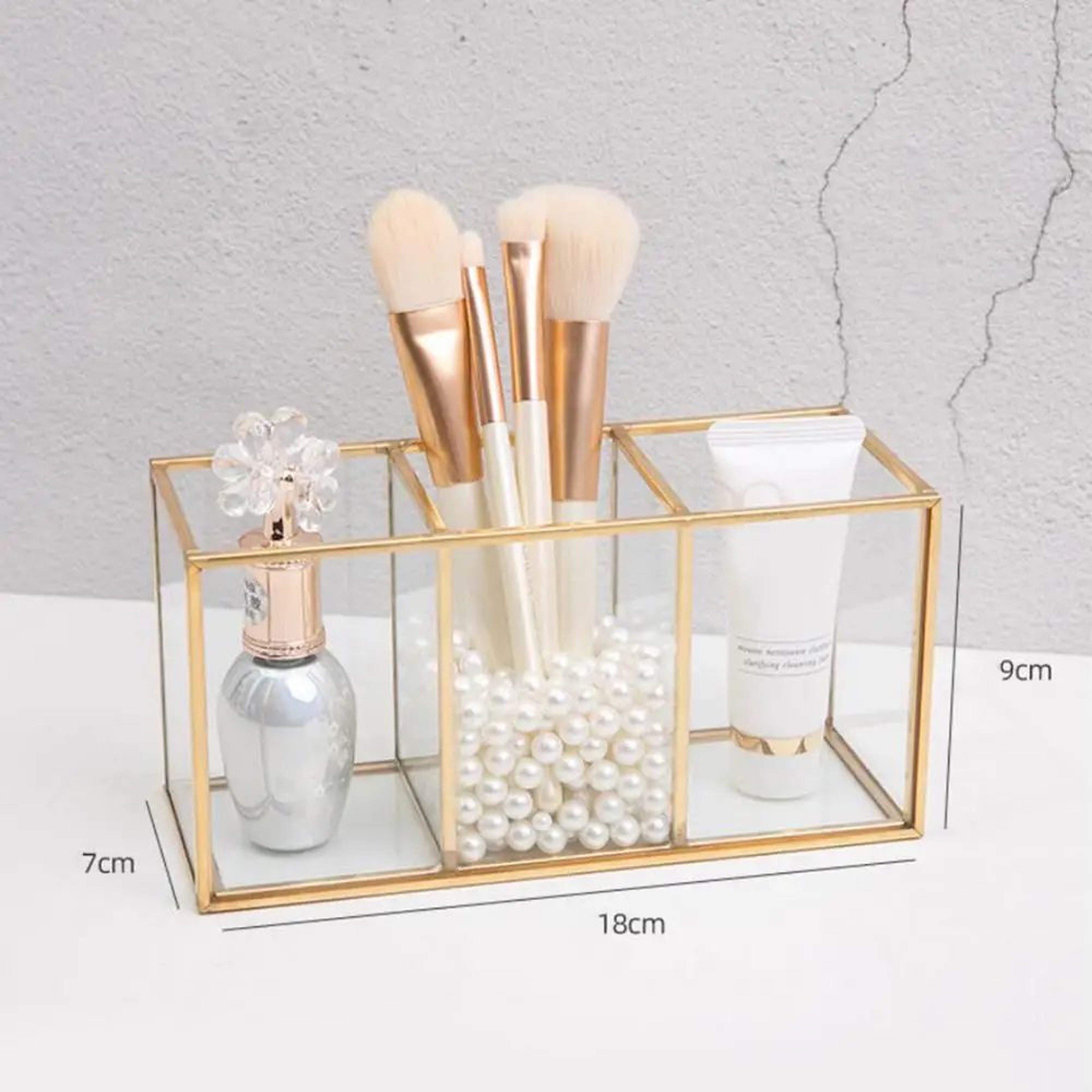 Transparent Glass Makeup Brush Organizer With Gold Trim 8