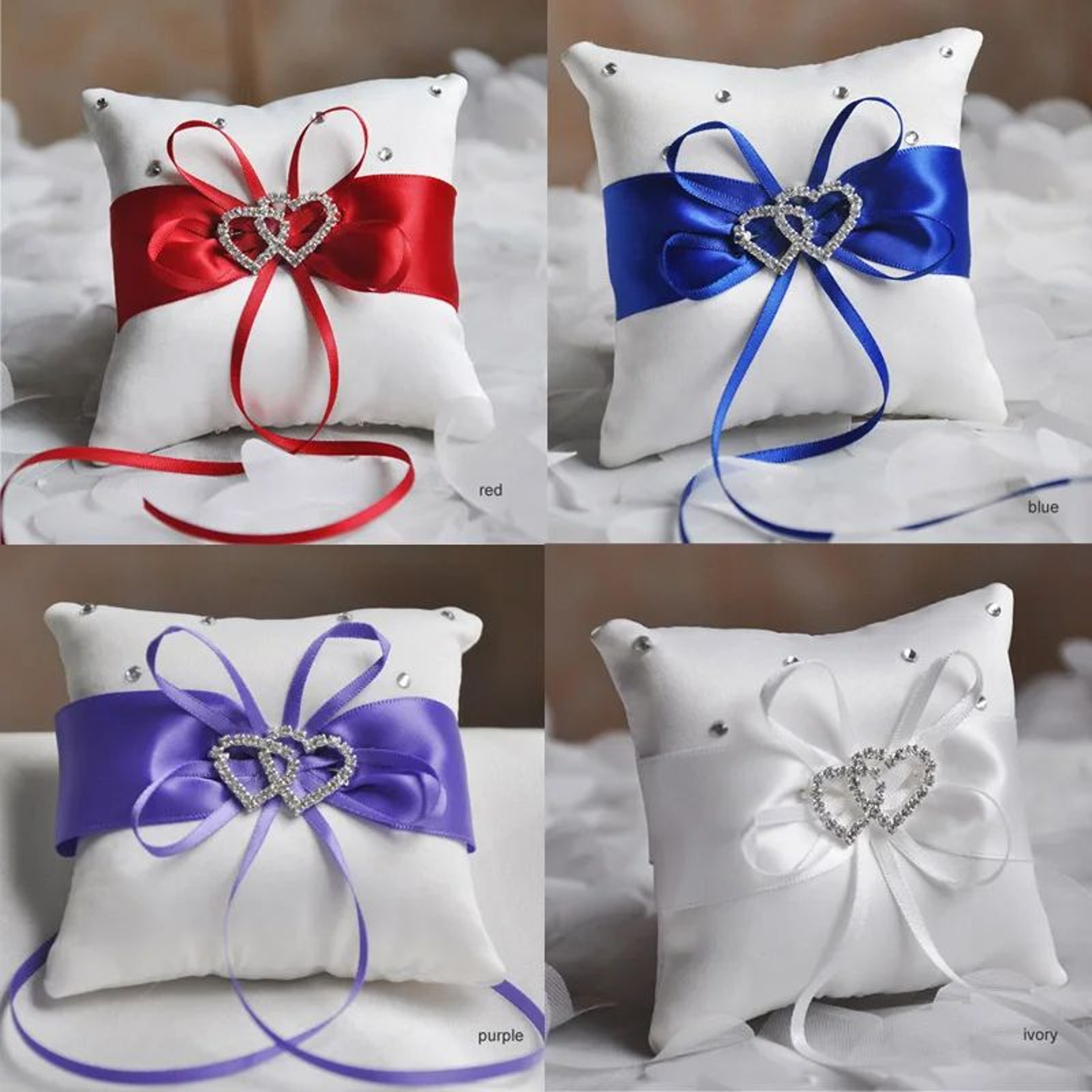 Double Heart Rhinestone Wedding Ring Pillow 0