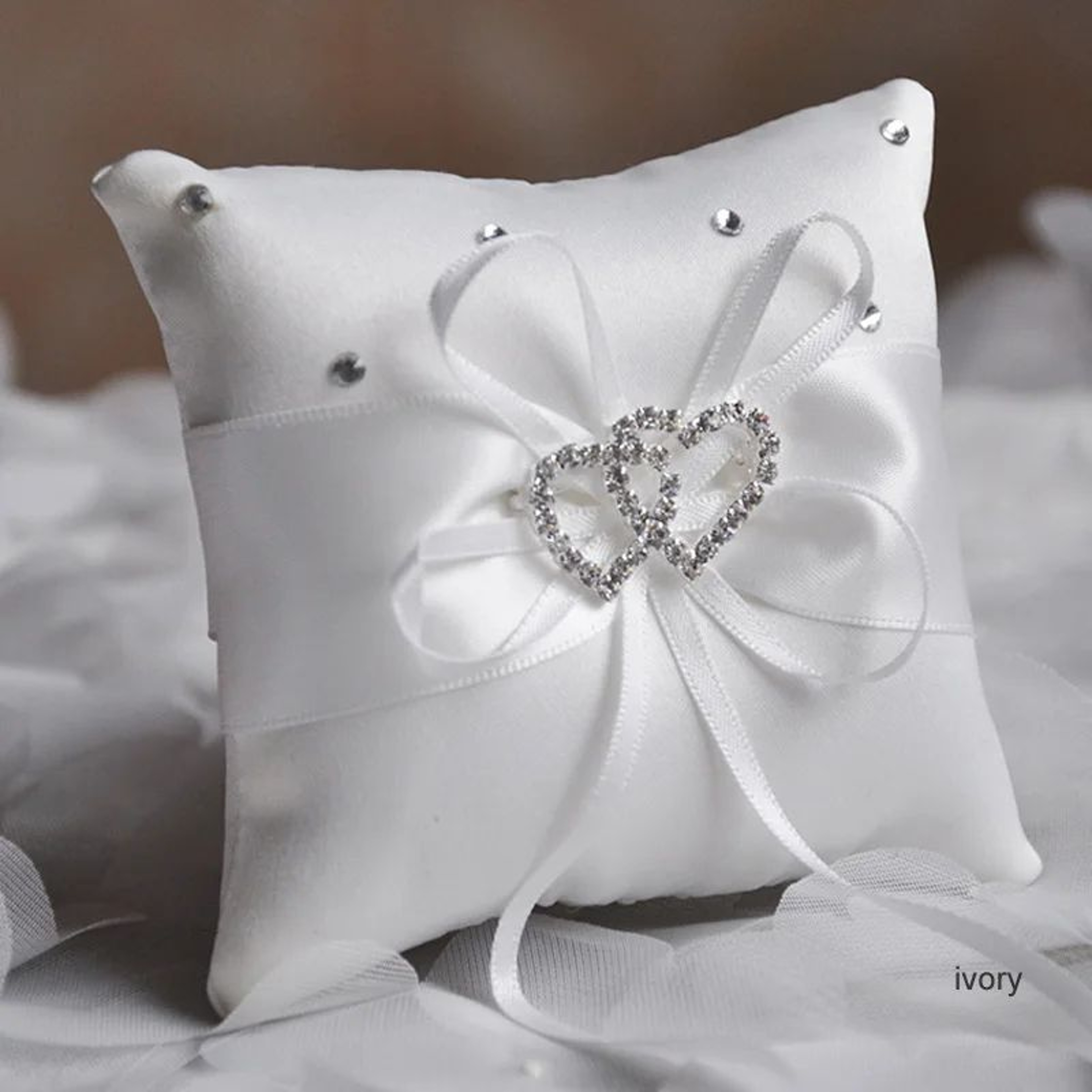Double Heart Rhinestone Wedding Ring Pillow 6