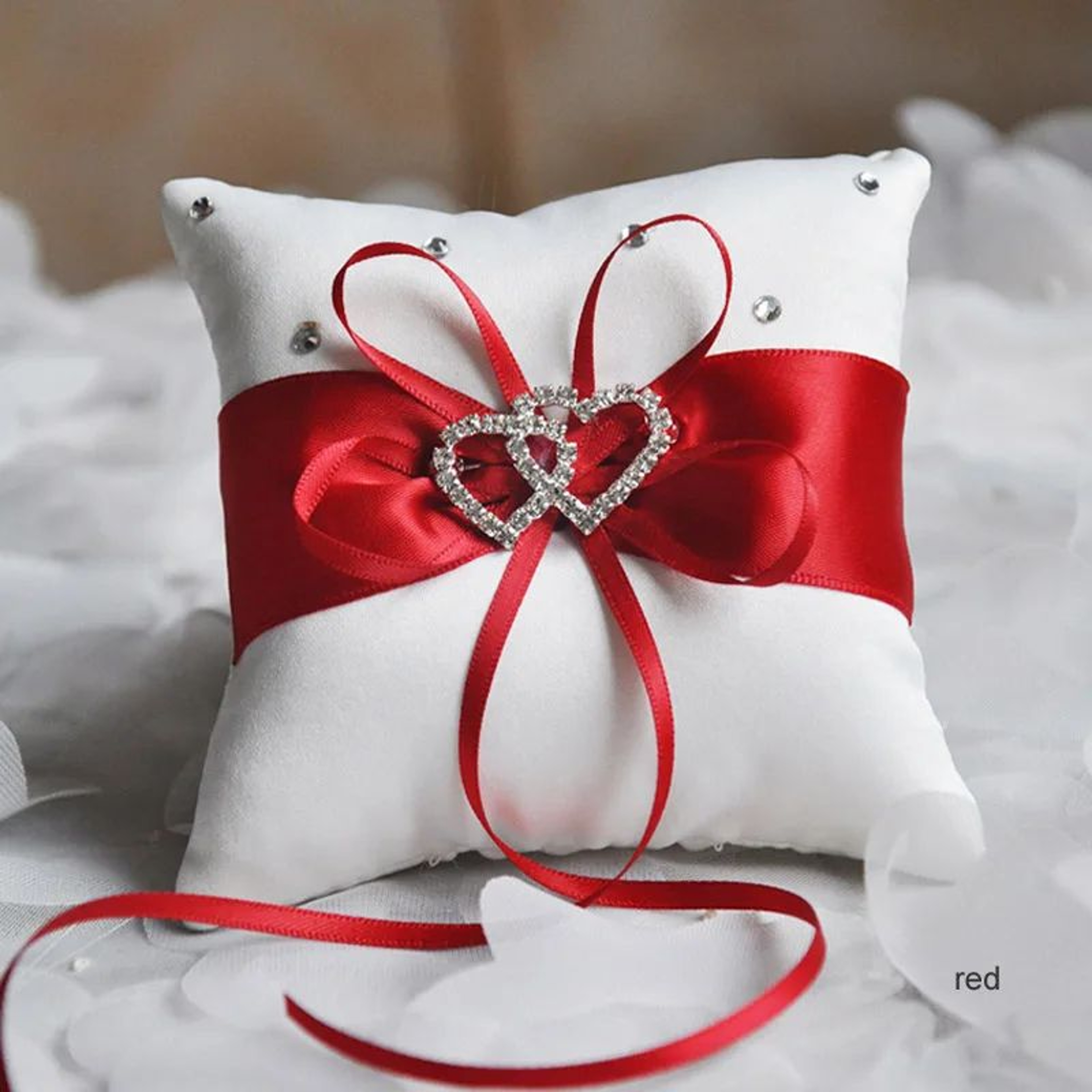 Double Heart Rhinestone Wedding Ring Pillow 8