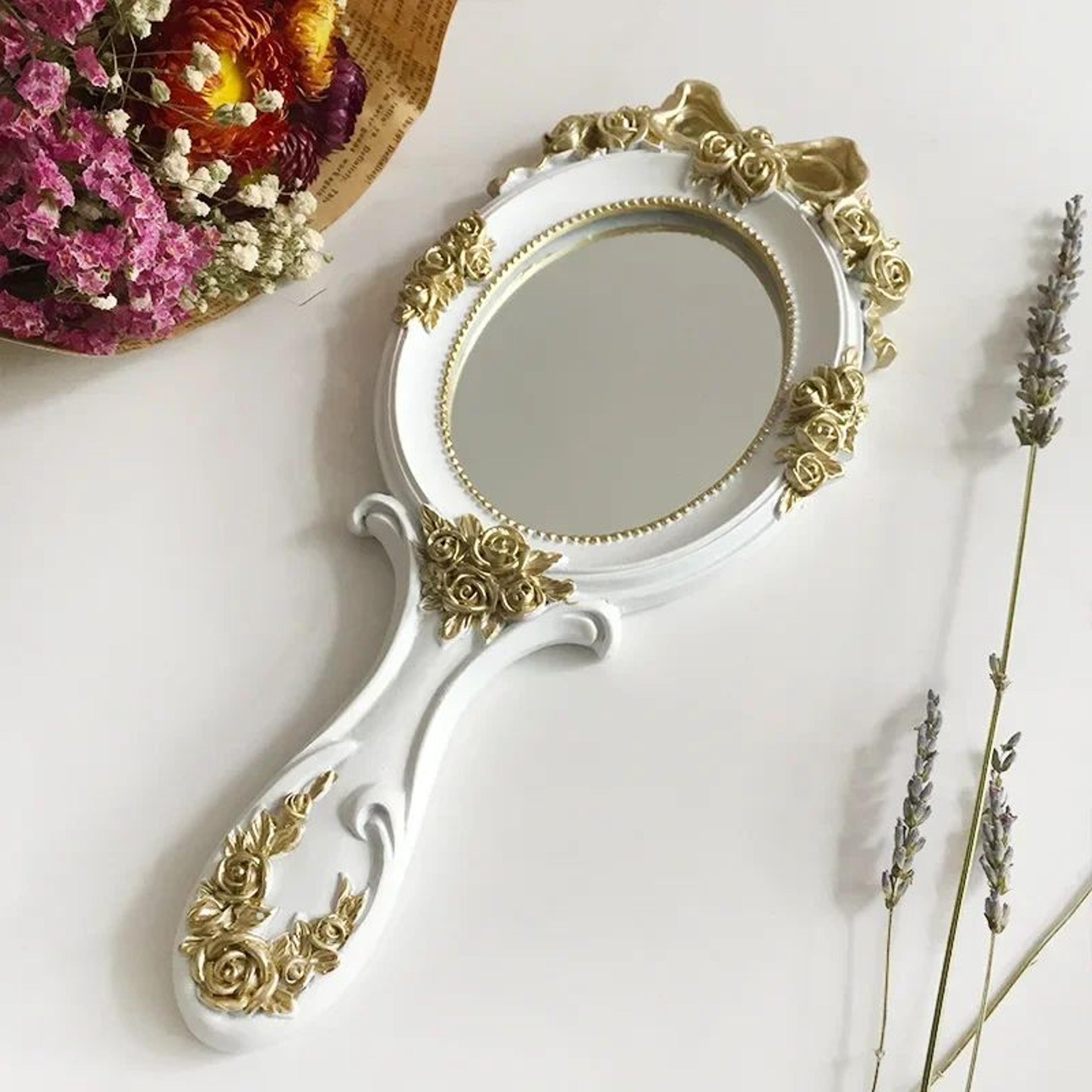 Cute Vintage Handheld Makeup Vanity Mirror With Handle 8