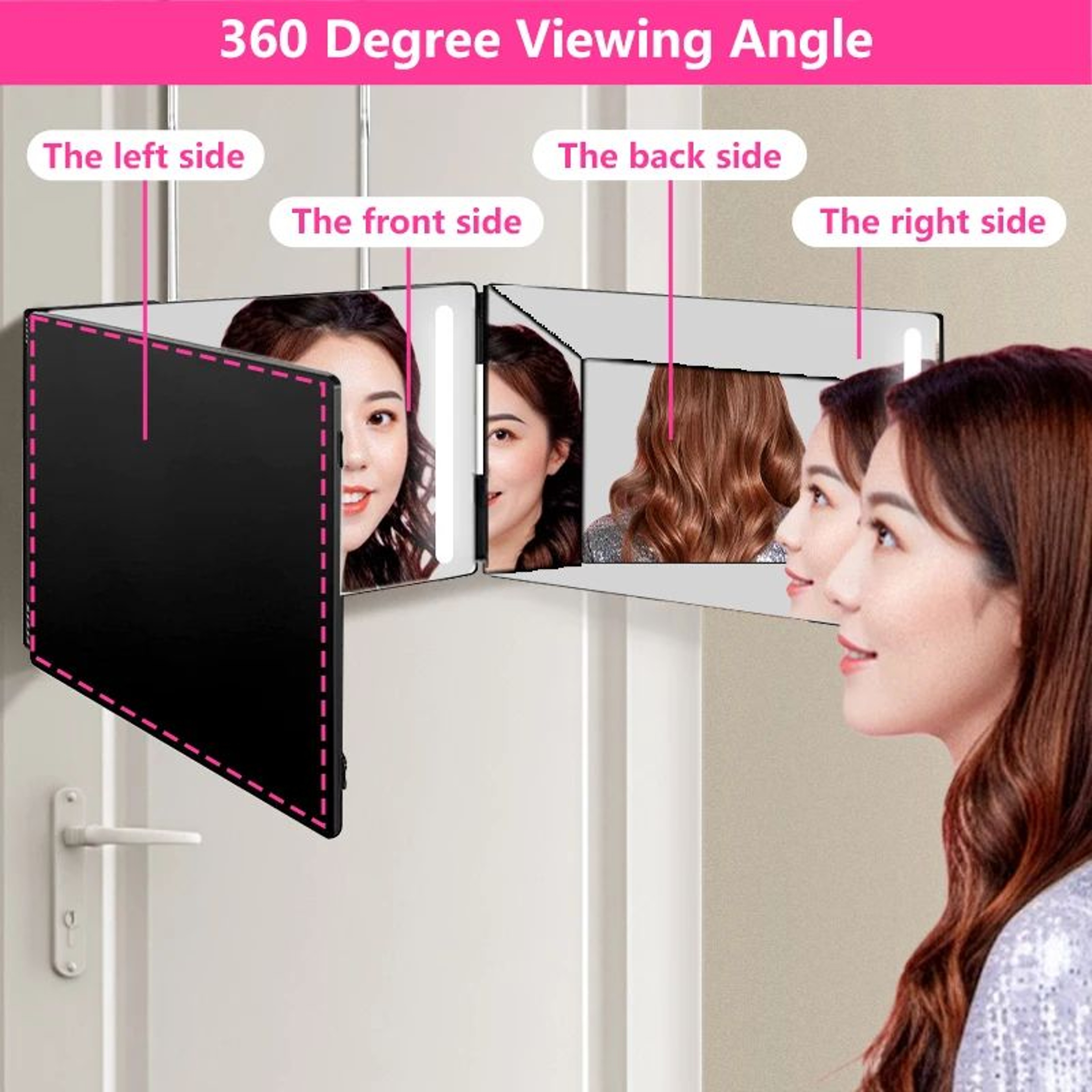 Trifold LED Haircut Mirror With Adjustable Hook 1