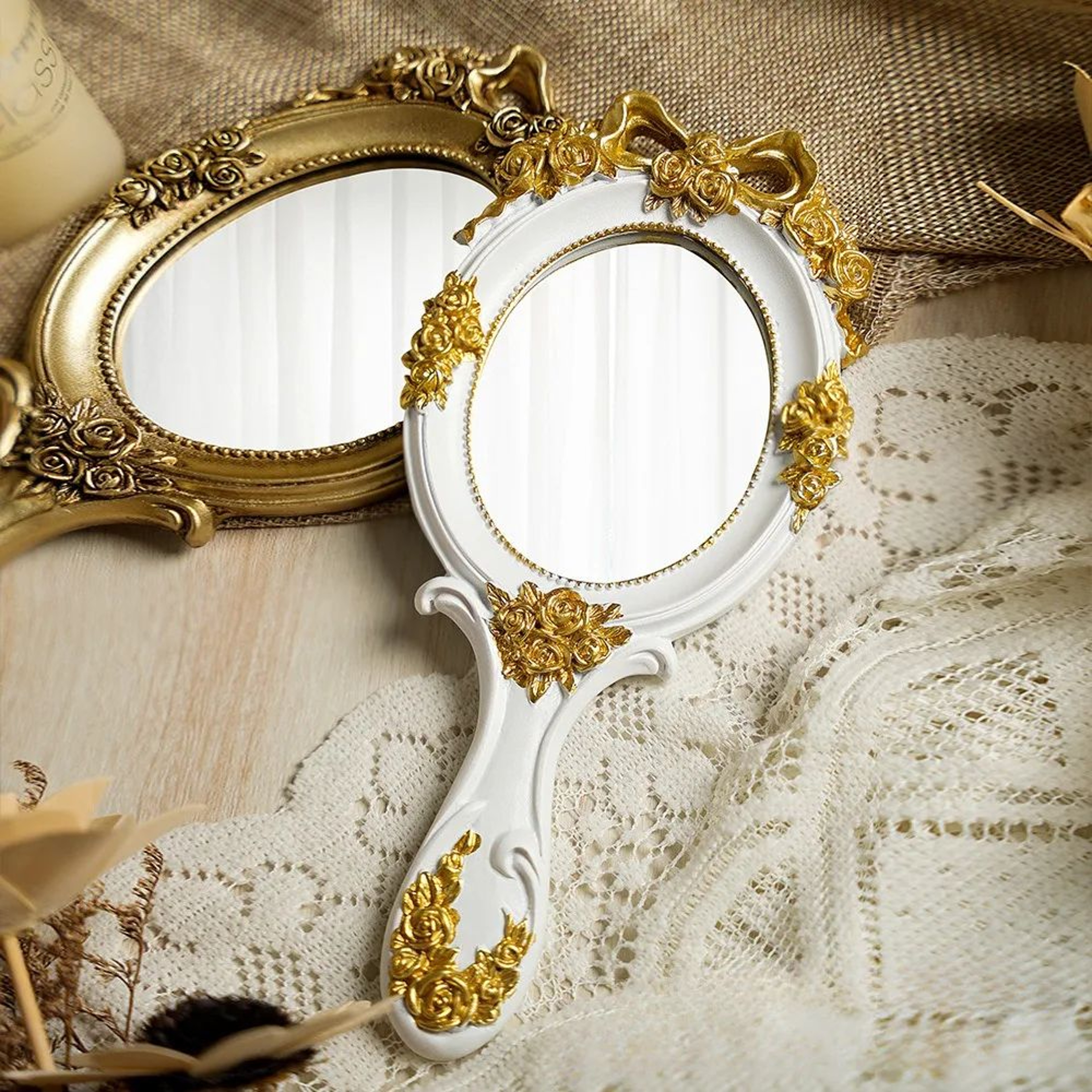Vintage Oval Embossed Rose Handheld Makeup Mirror 0