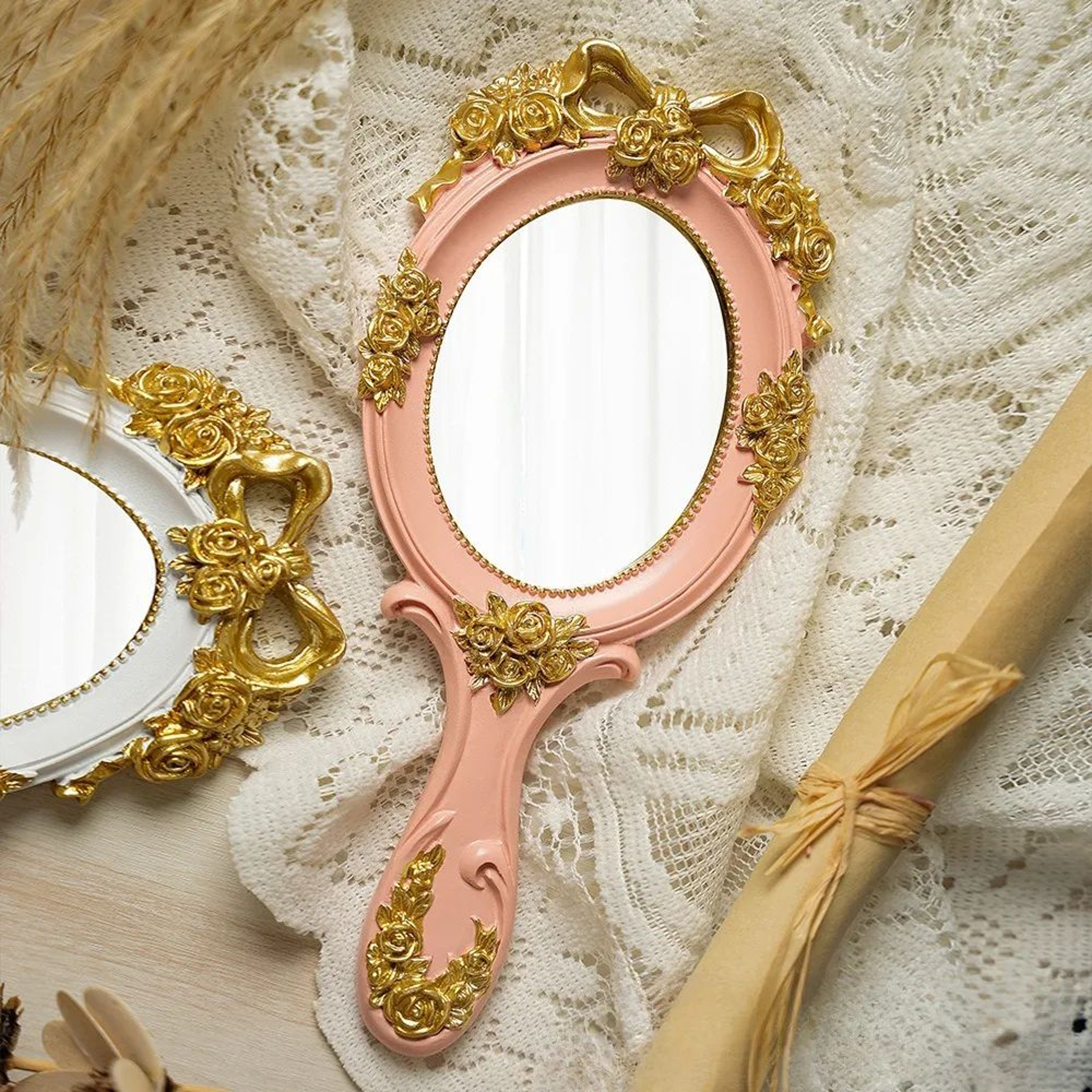 Vintage Oval Embossed Rose Handheld Makeup Mirror 3
