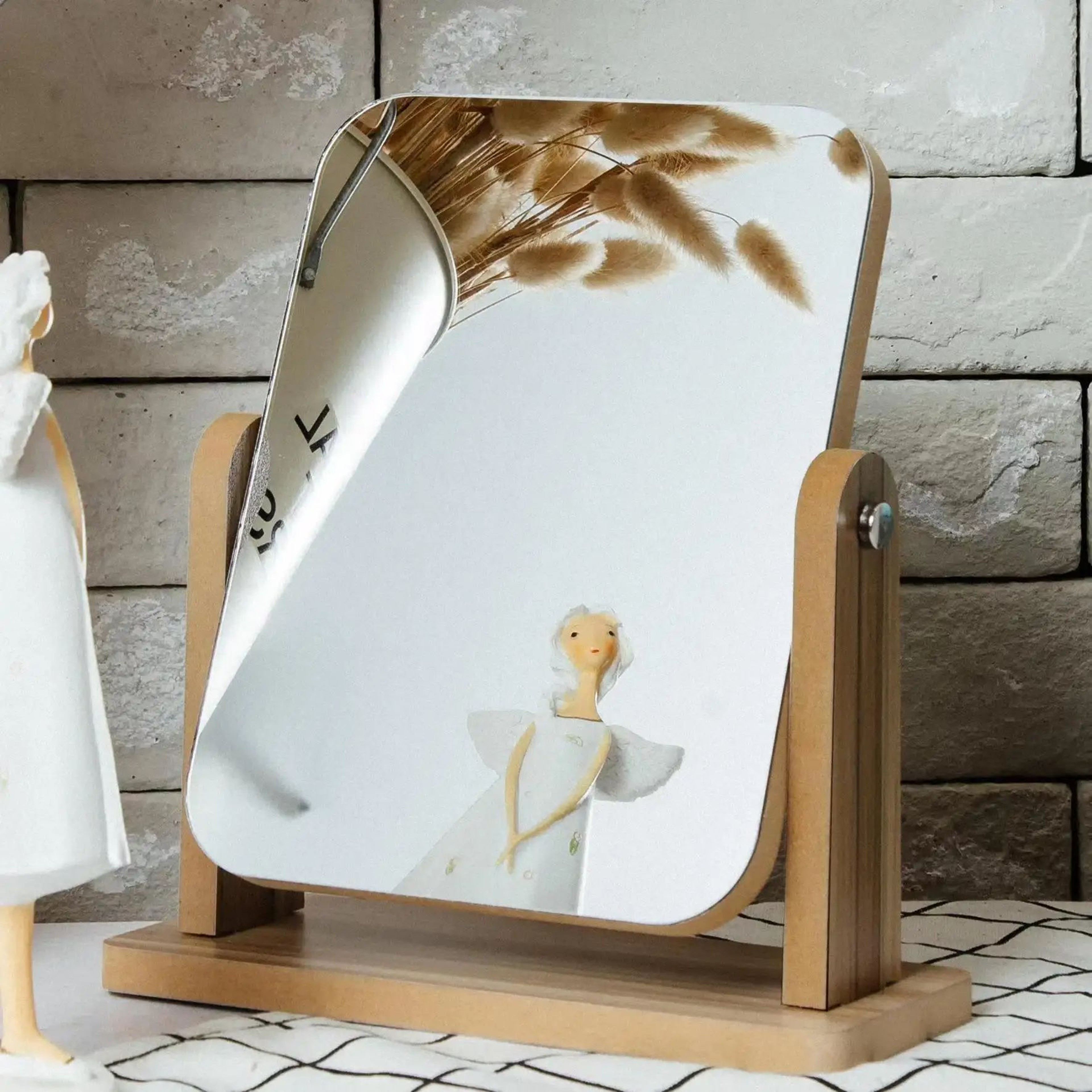 Wooden Rectangle Rotating Desktop Makeup Mirror 0