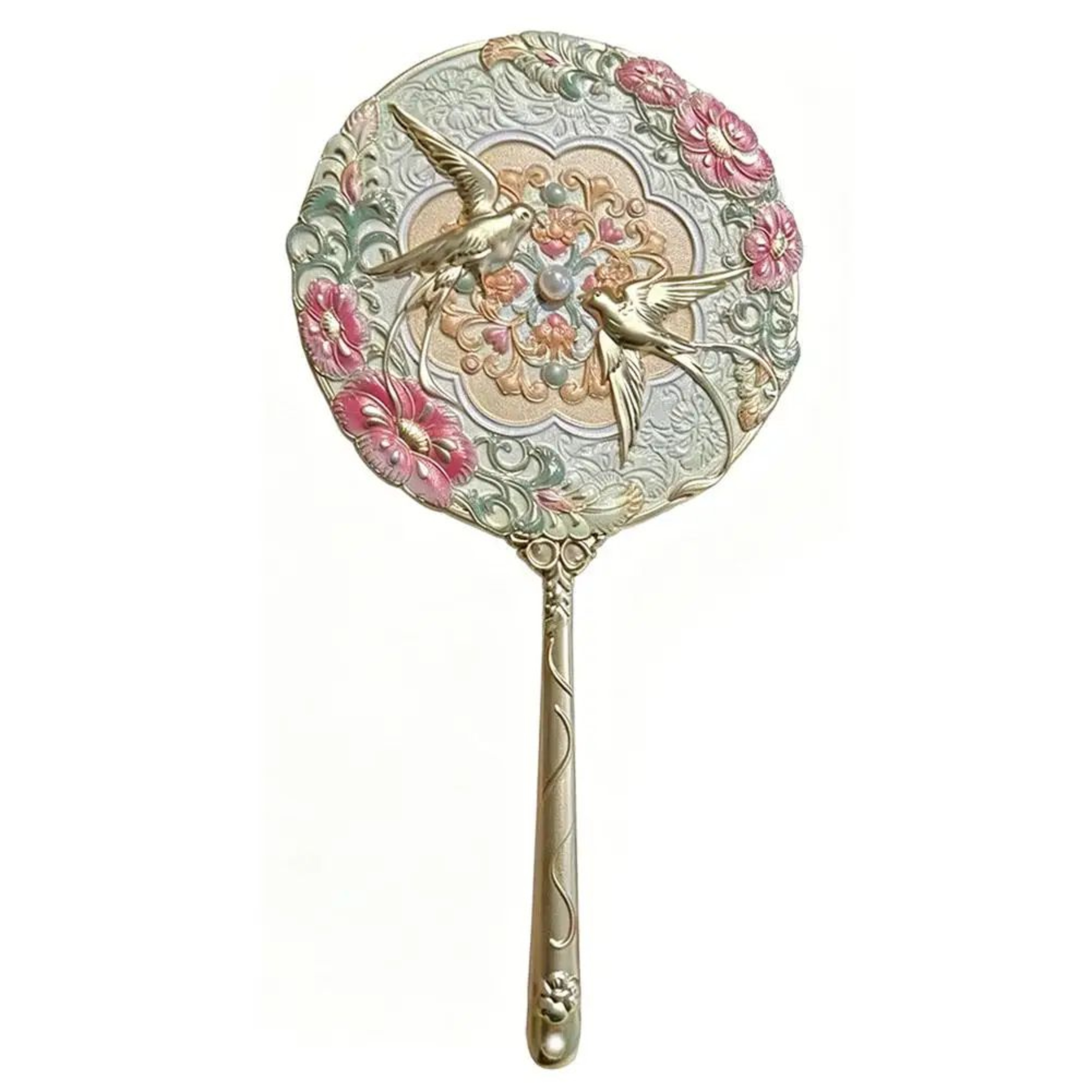 Vintage Chinese Peony Flower Handheld Pocket Makeup Mirror 6
