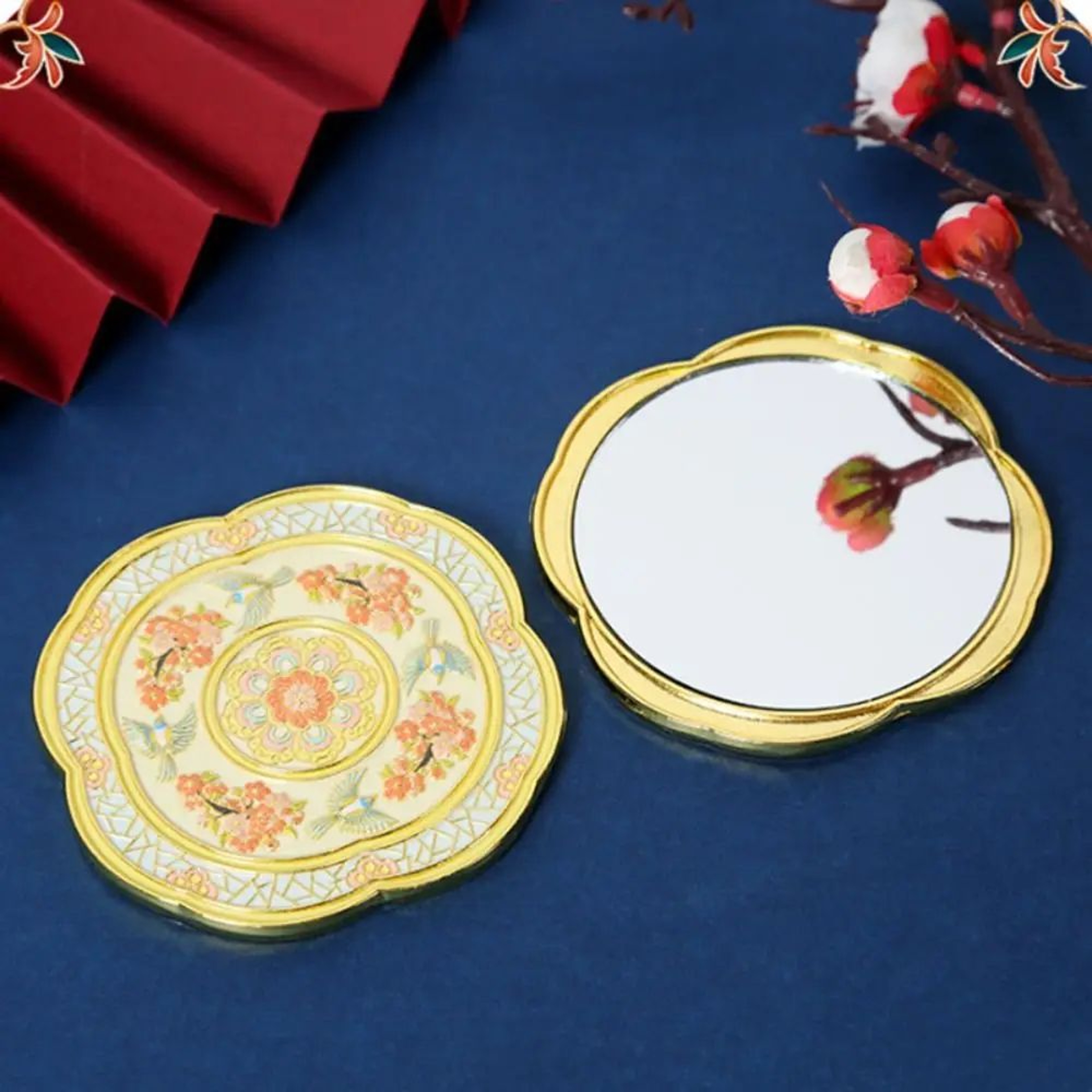 Chinese Style Embossed Floral Handheld Pocket Makeup Mirror 4