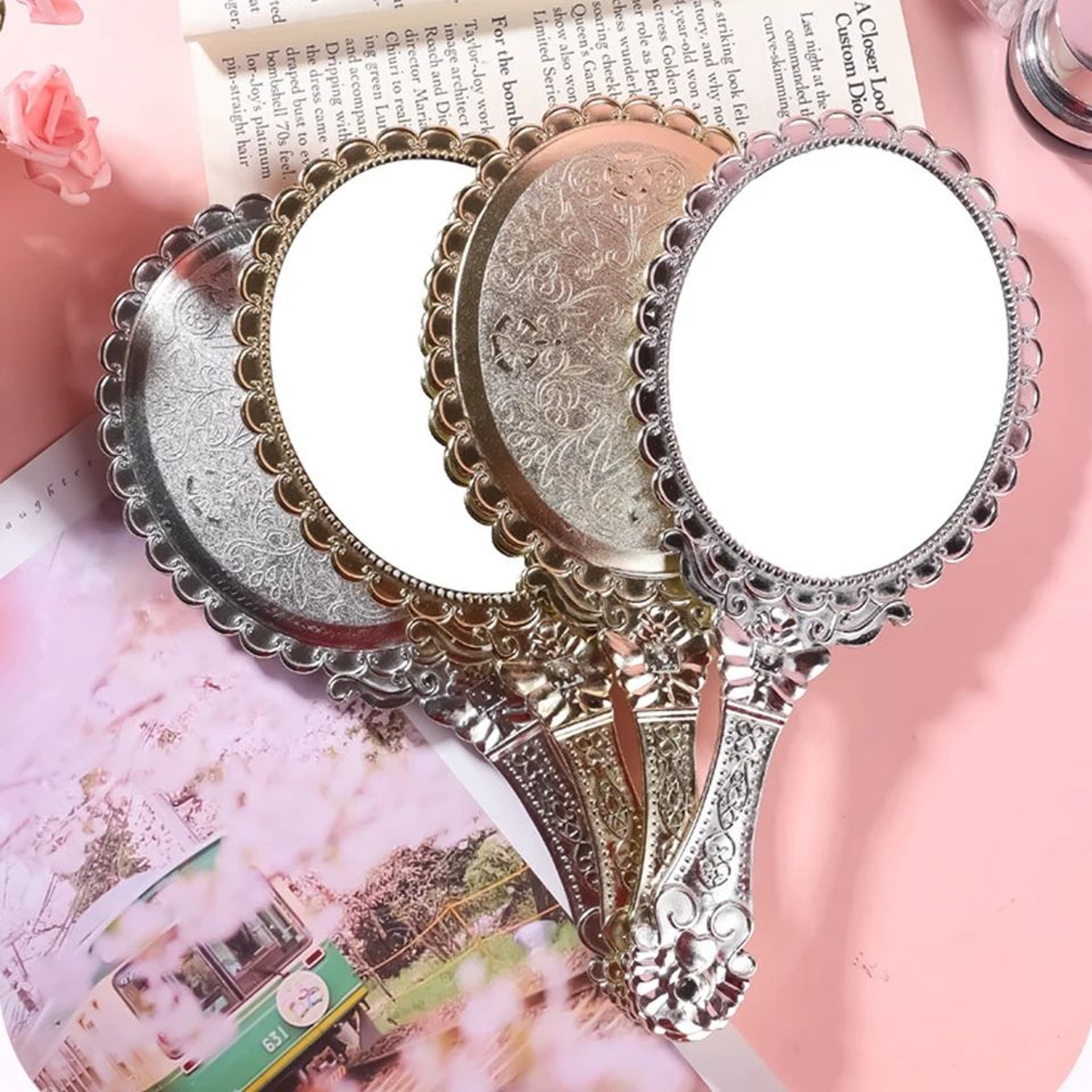 Vintage European Embossed Floral Handheld Makeup Mirror 2