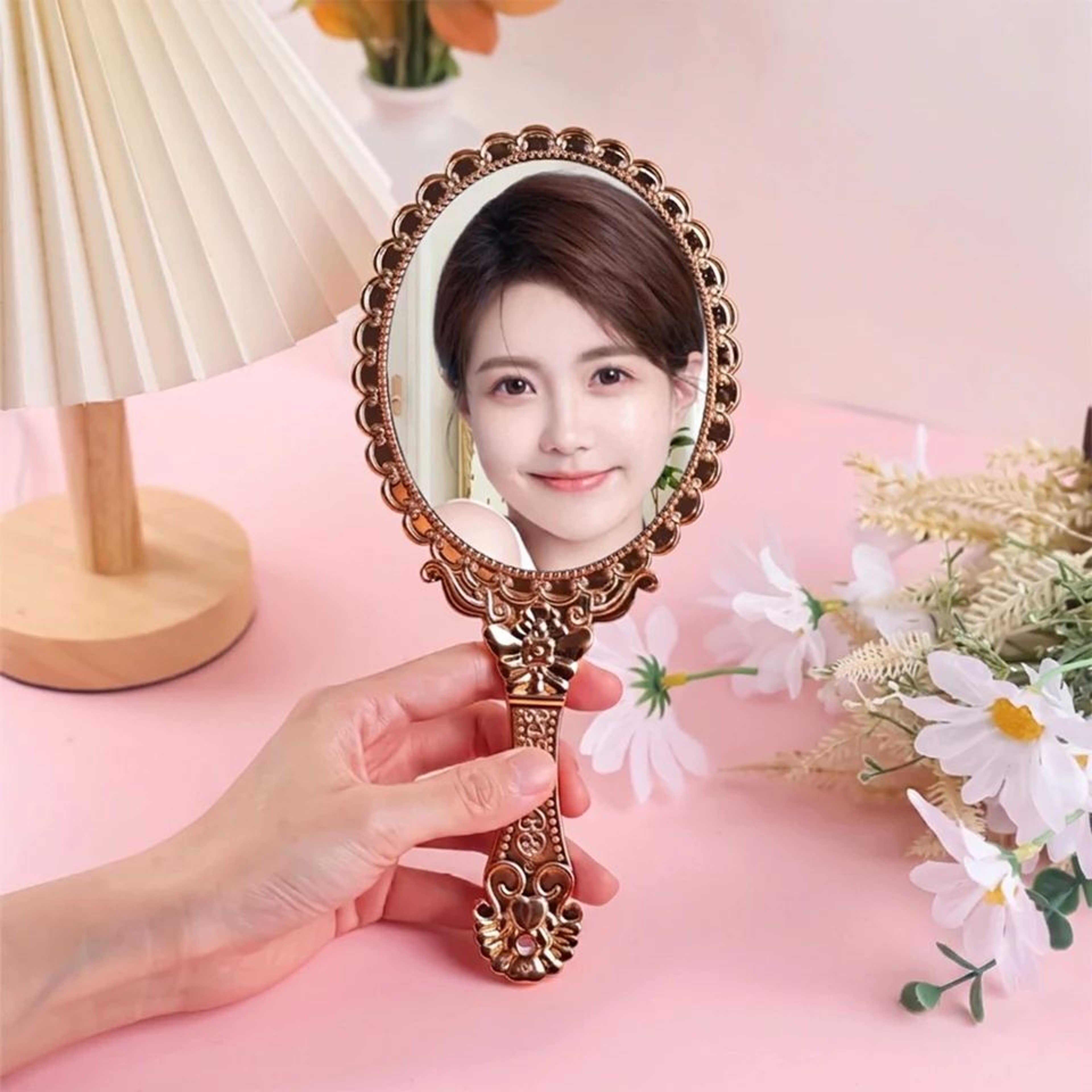 Vintage European Embossed Floral Handheld Makeup Mirror 4