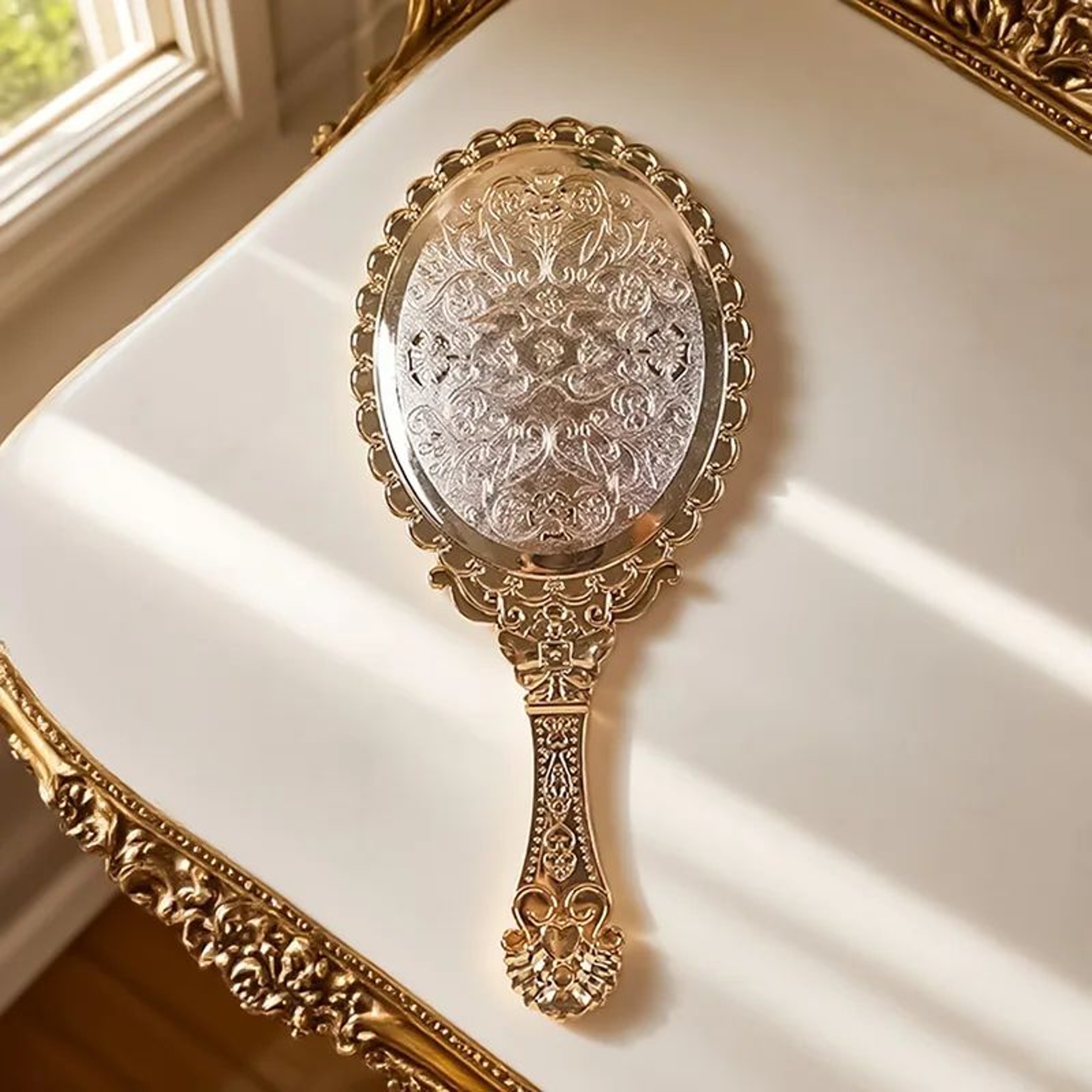 Vintage European Embossed Floral Handheld Makeup Mirror 7