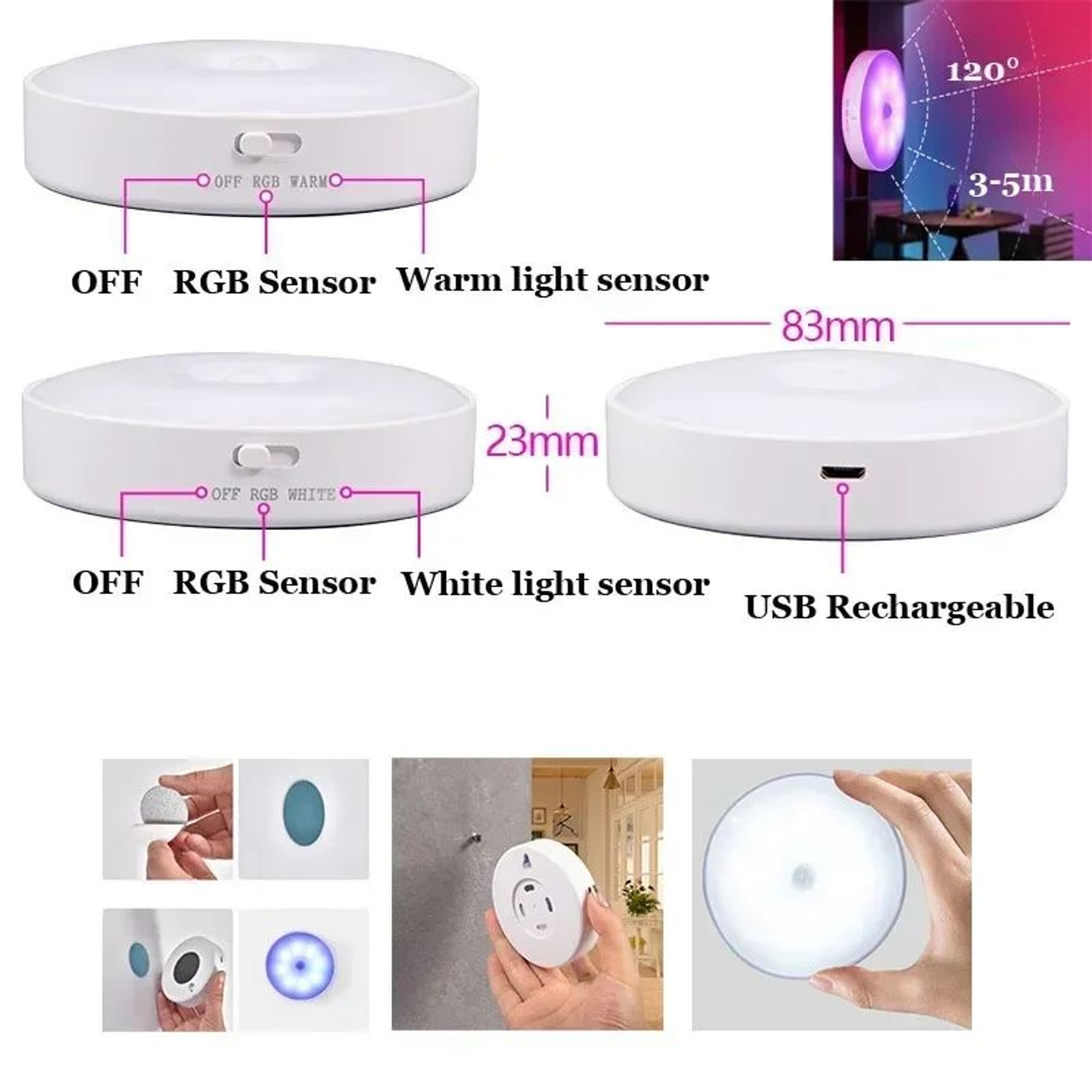 Rechargeable PIR Motion Sensor RGB LED Night Light 1