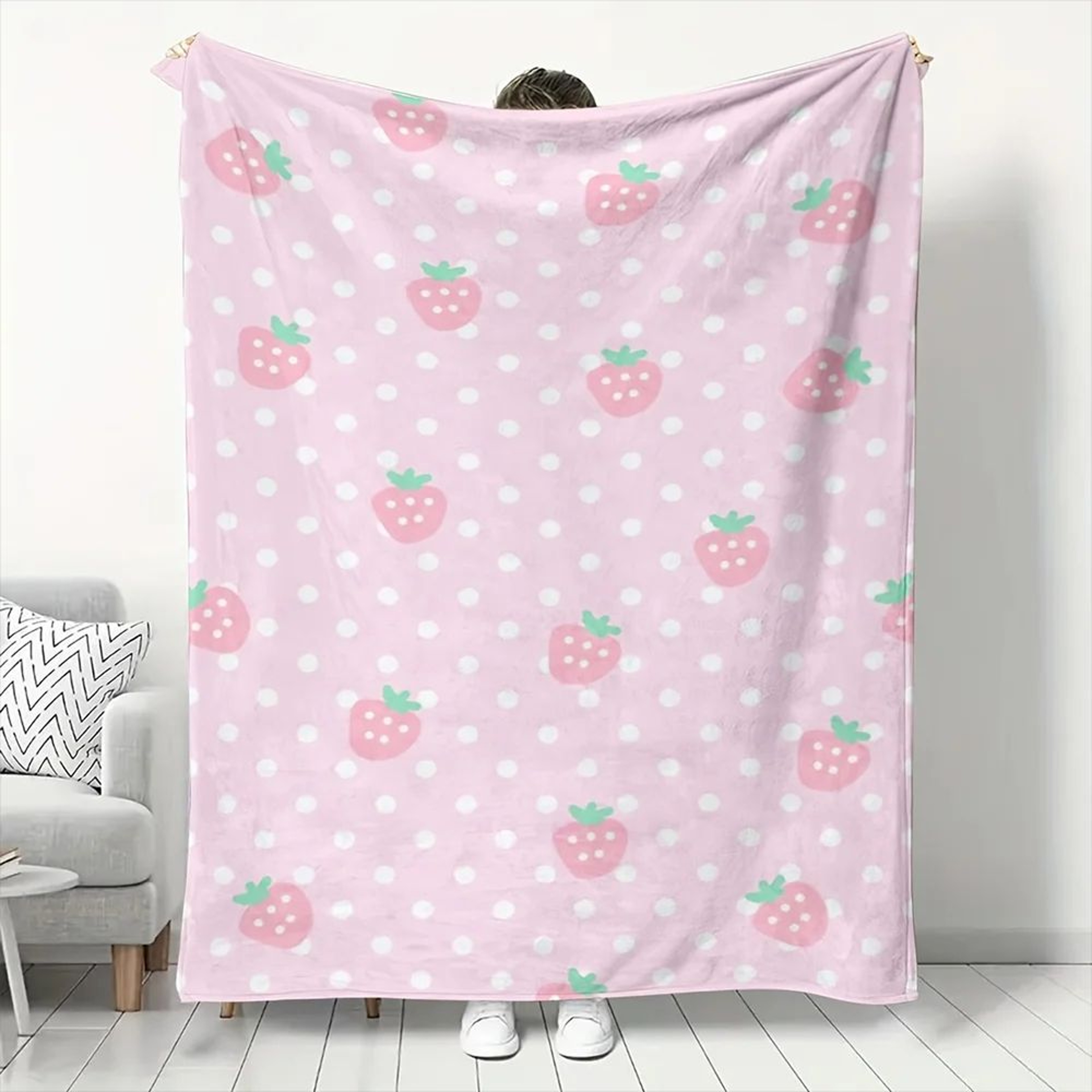 Pink Strawberry Polka Dot Soft Flannel Throw Blanket 0