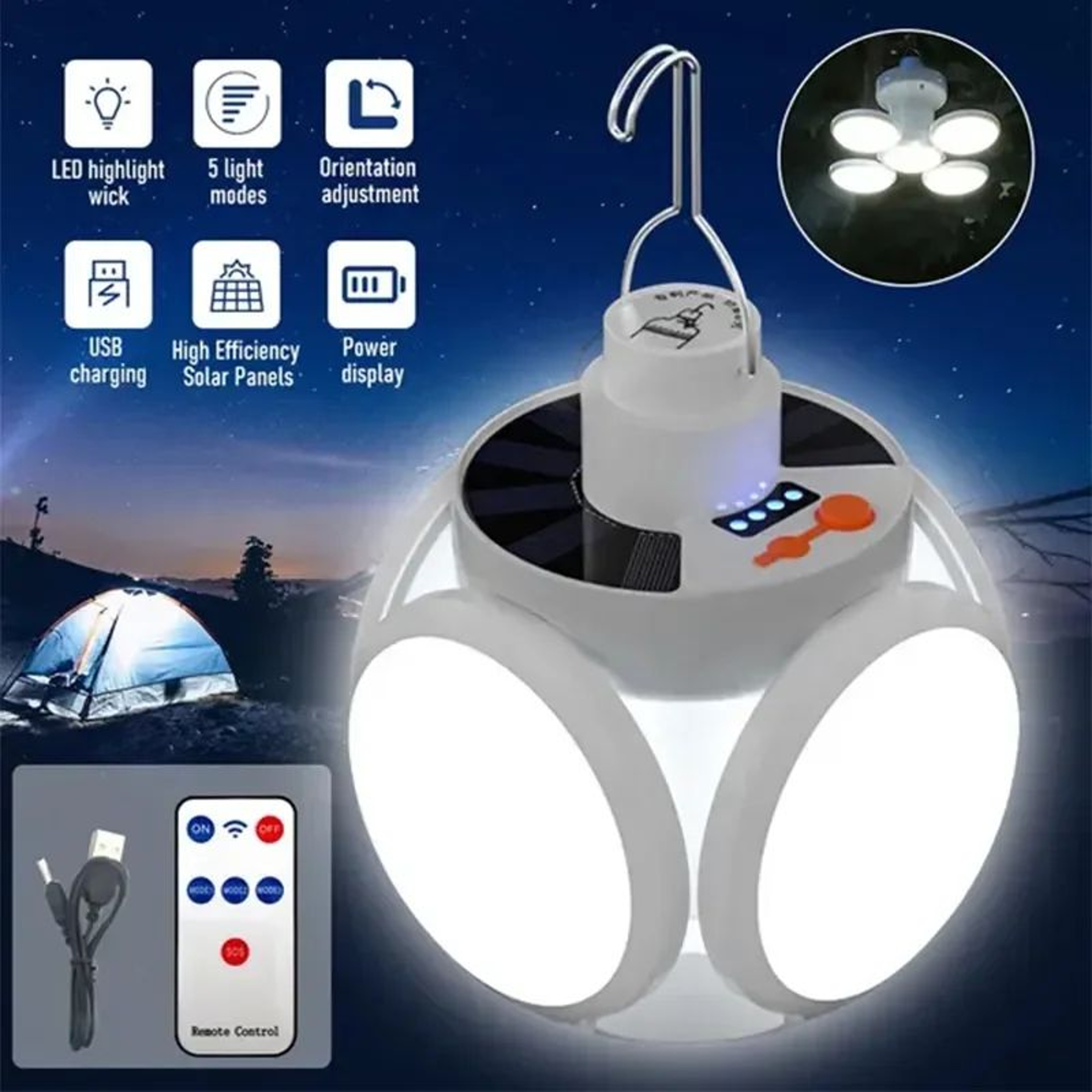 Portable Solar Folding LED Search Light With USB Rechargeable Bulb 13