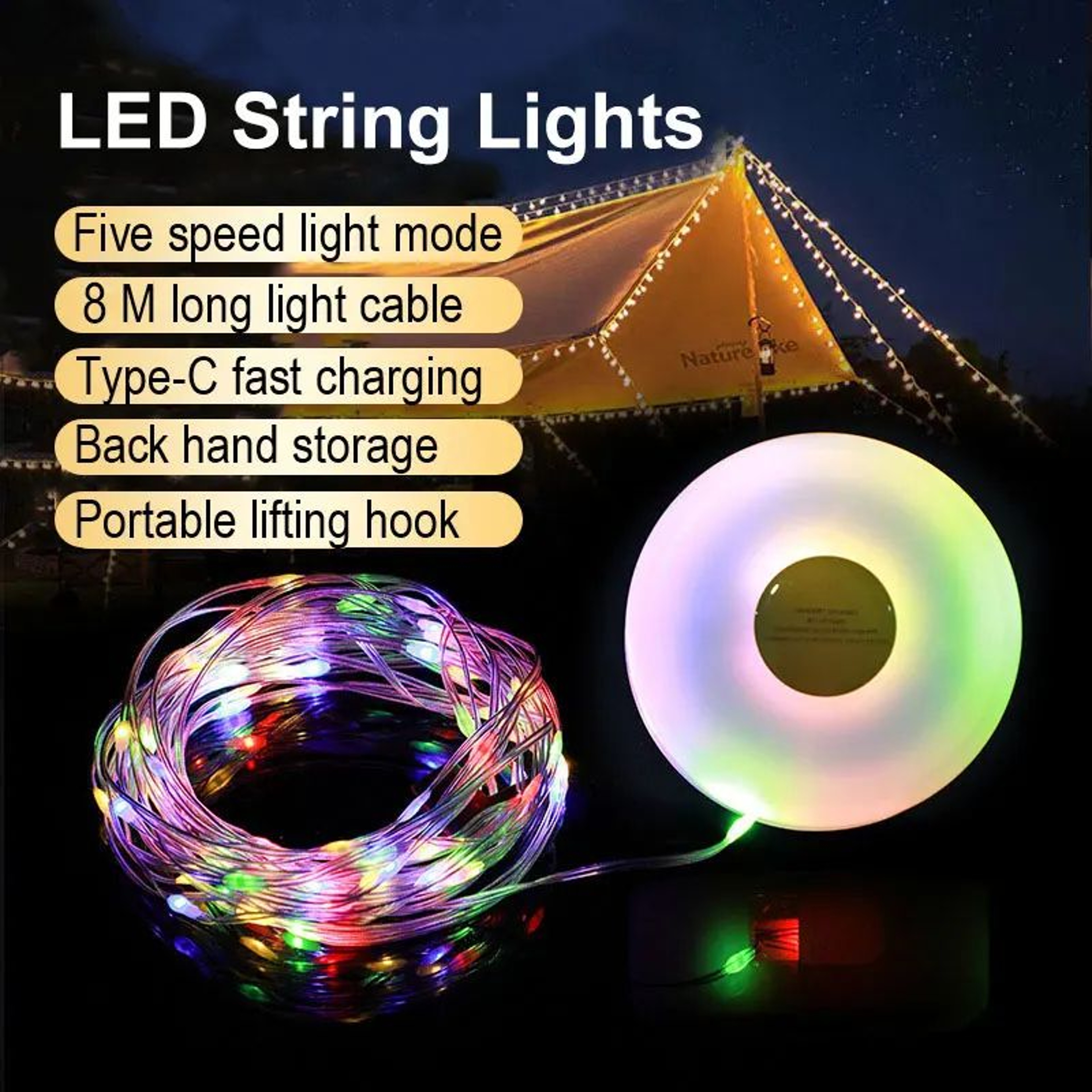 8M Rechargeable LED Camping String Light With 1800mAh Battery 0