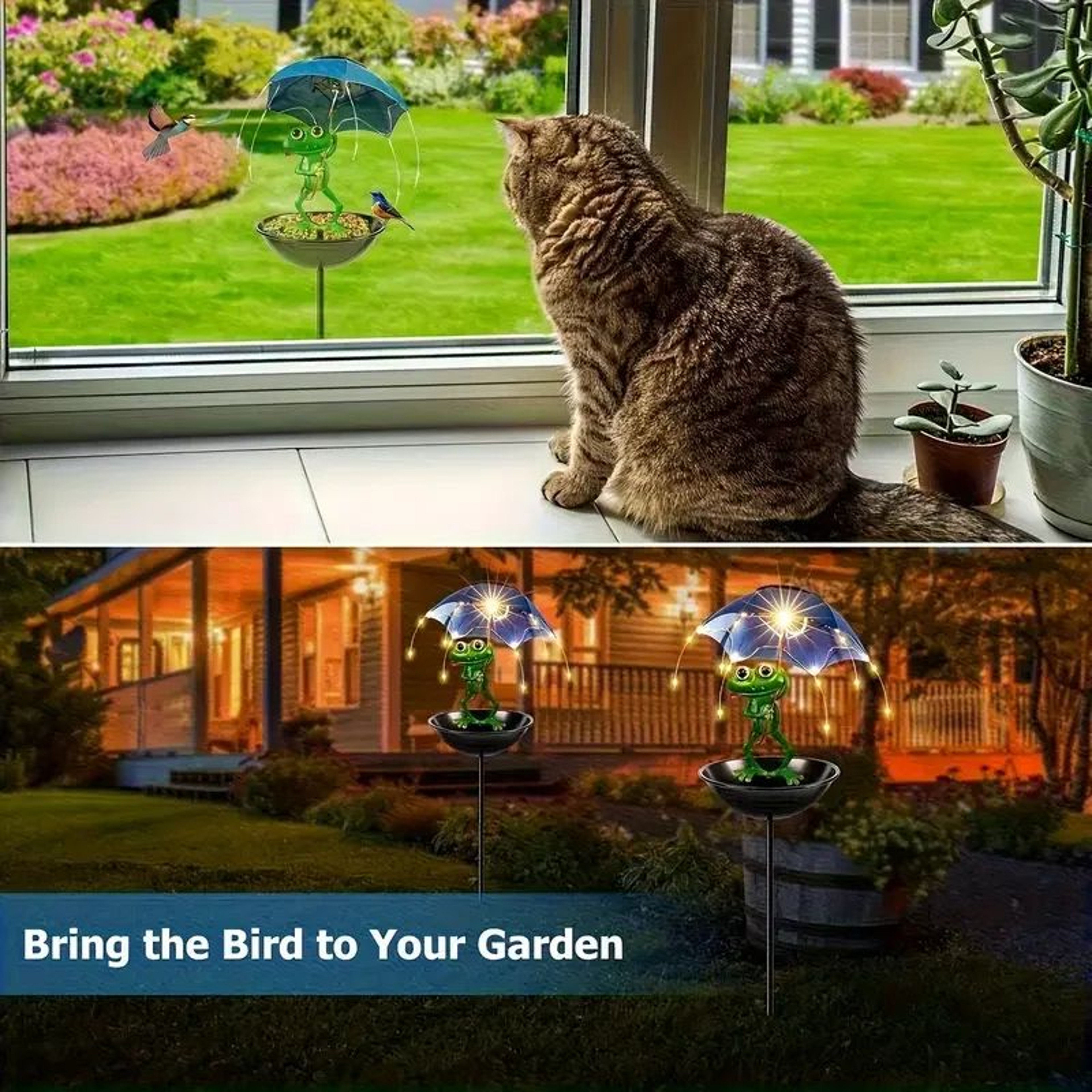 Solar Frog Statue Light With Bird Feeder 4