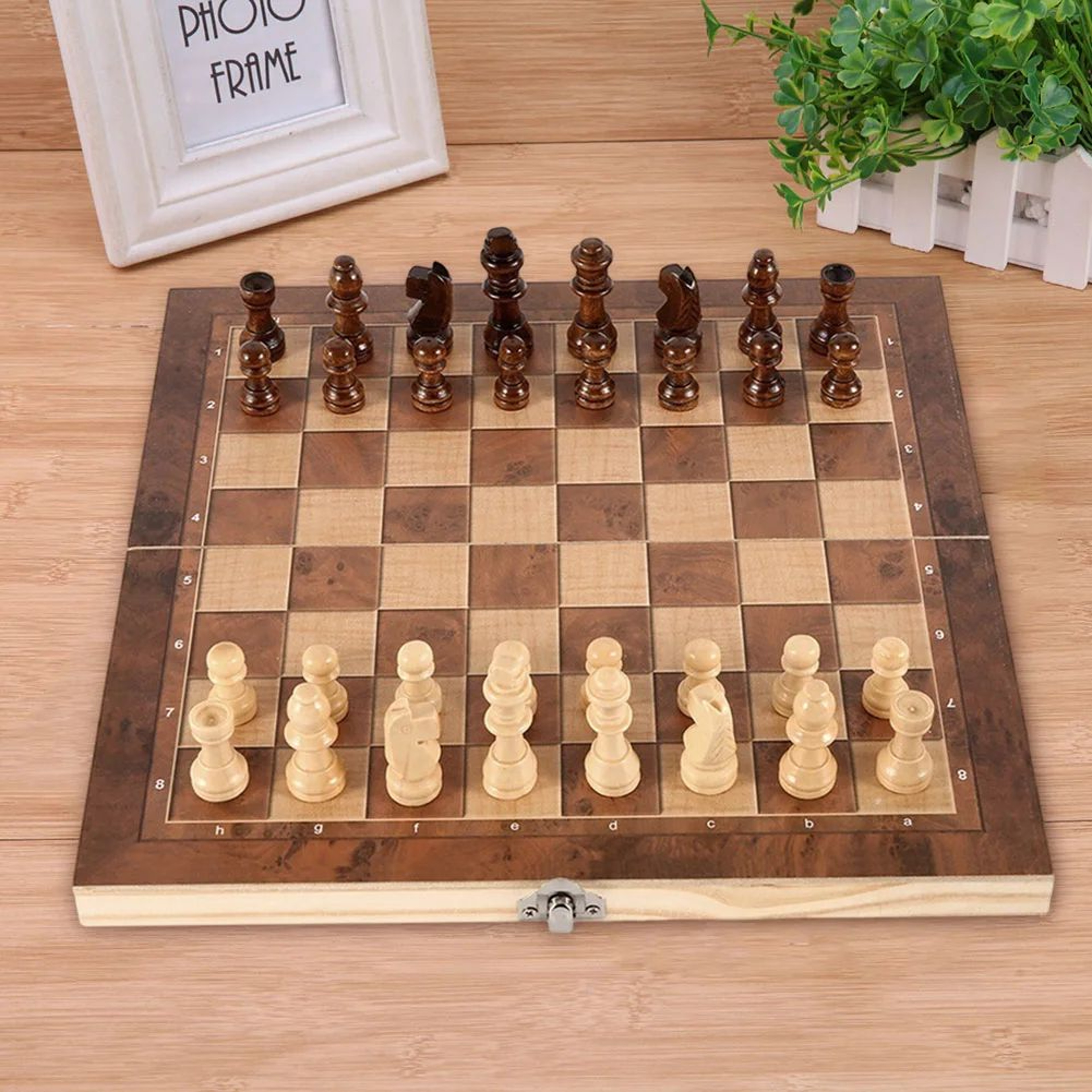 3 In 1 Folding Wooden Chess Checkers Game Board Set With Storage 5