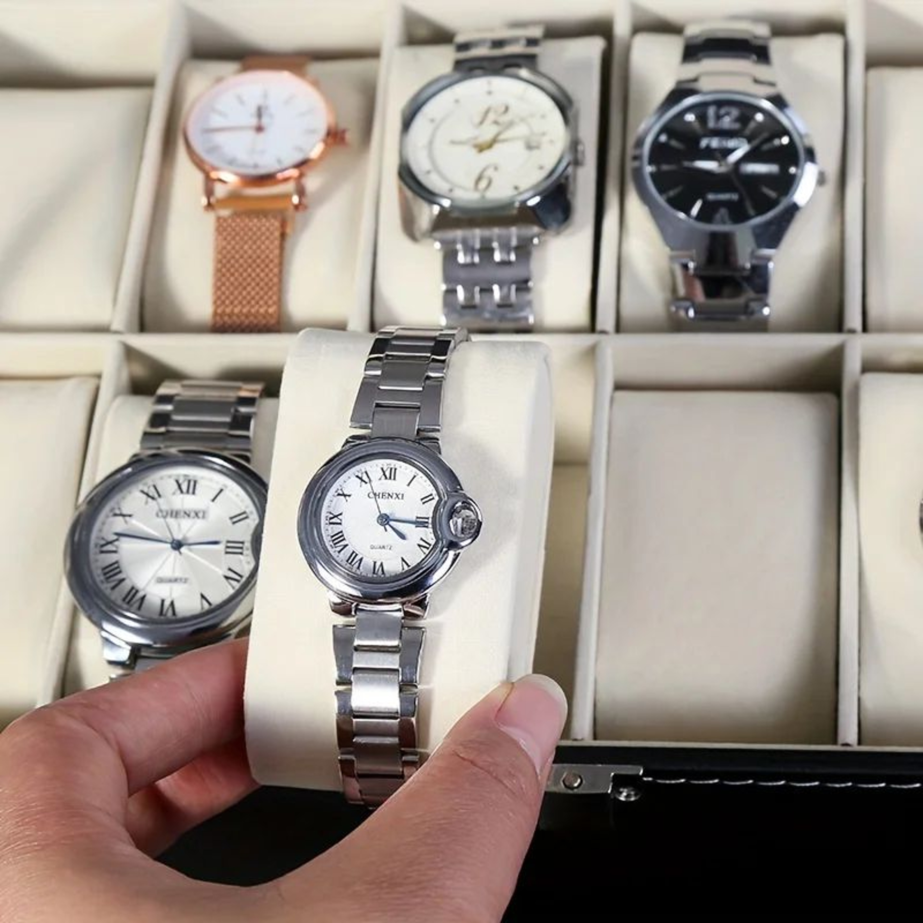 Luxury Faux Leather Watch Box With Glass Top For 12 Watches 1