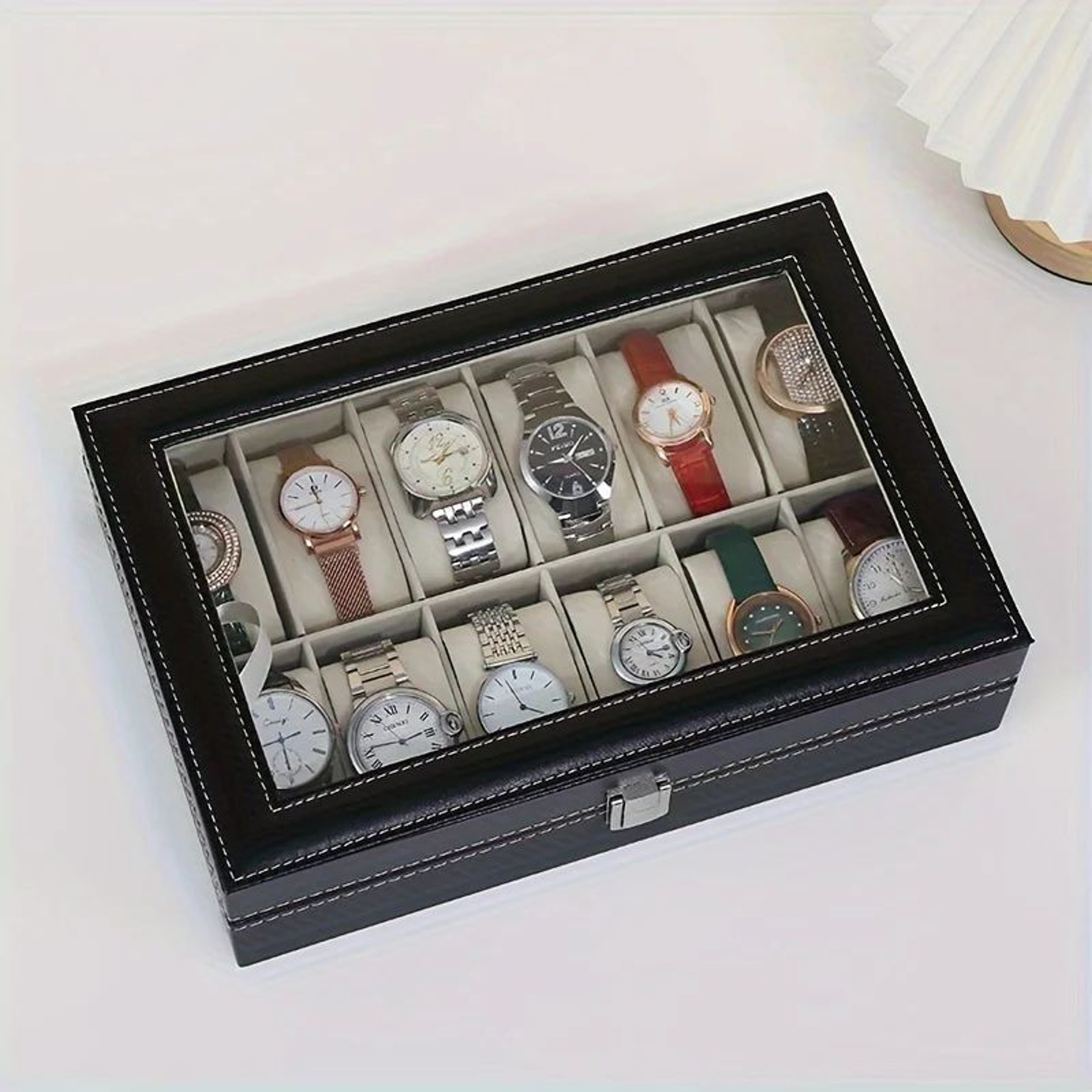 Luxury Faux Leather Watch Box With Glass Top For 12 Watches 3