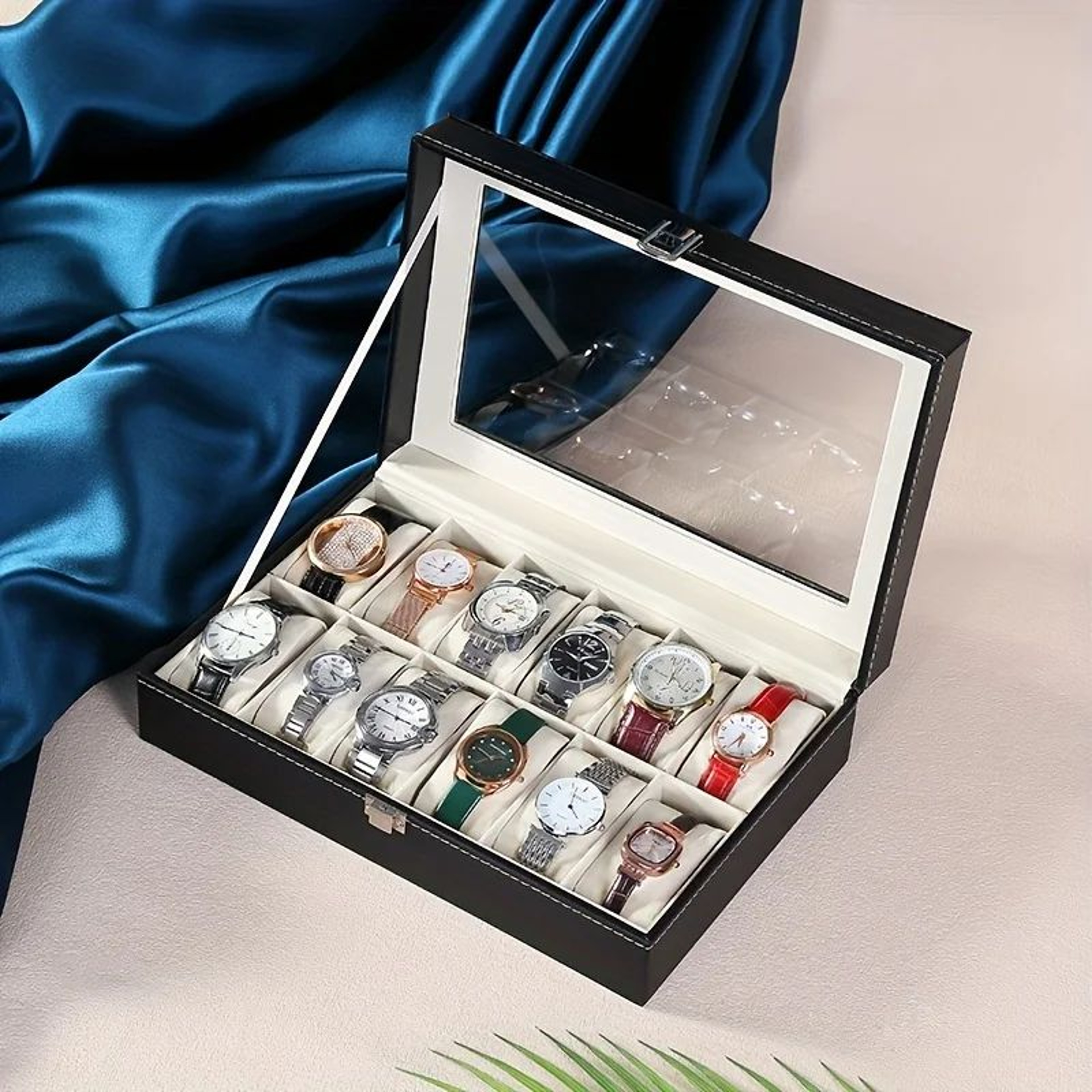 Luxury Faux Leather Watch Box With Glass Top For 12 Watches 2