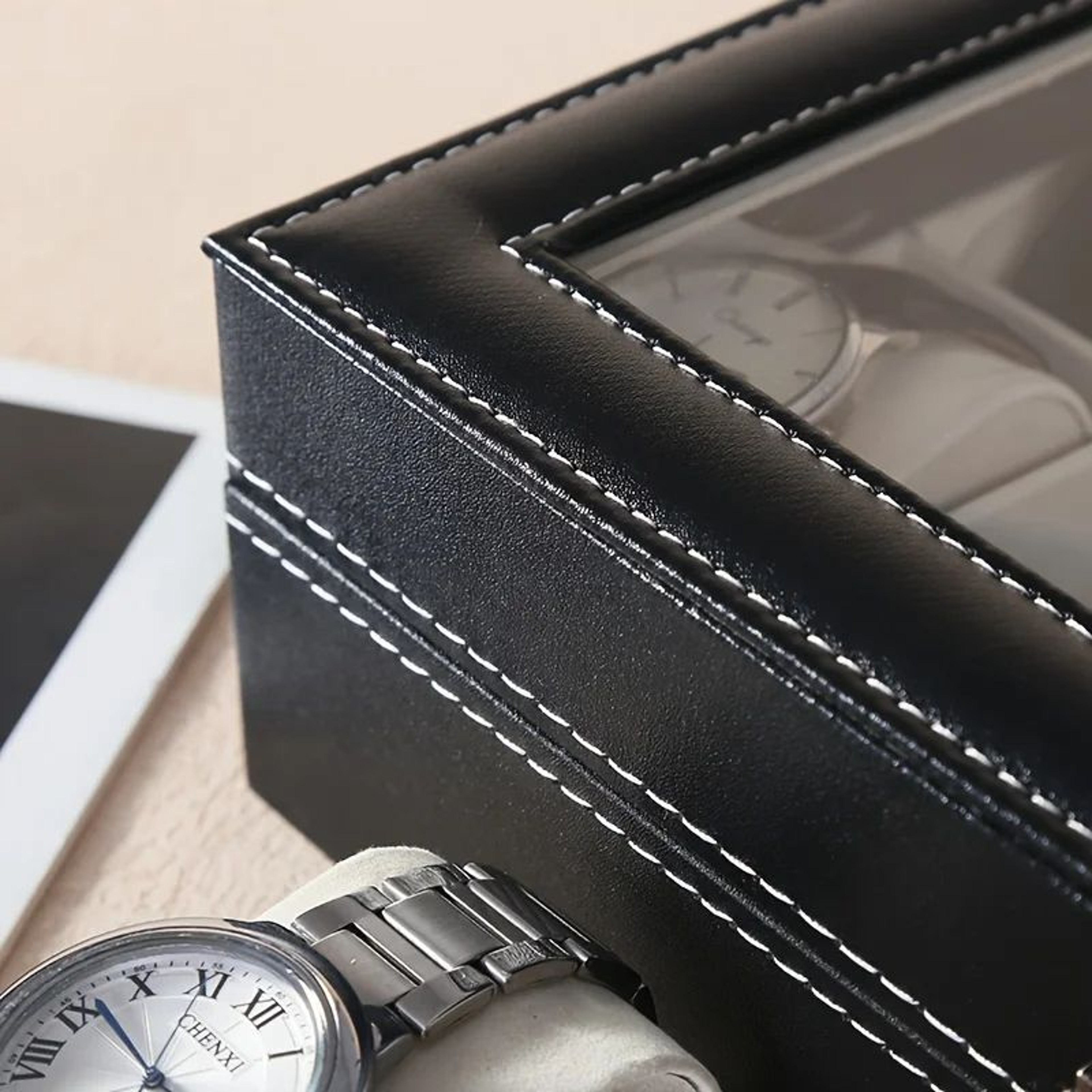 Luxury Faux Leather Watch Box With Glass Top For 12 Watches 7