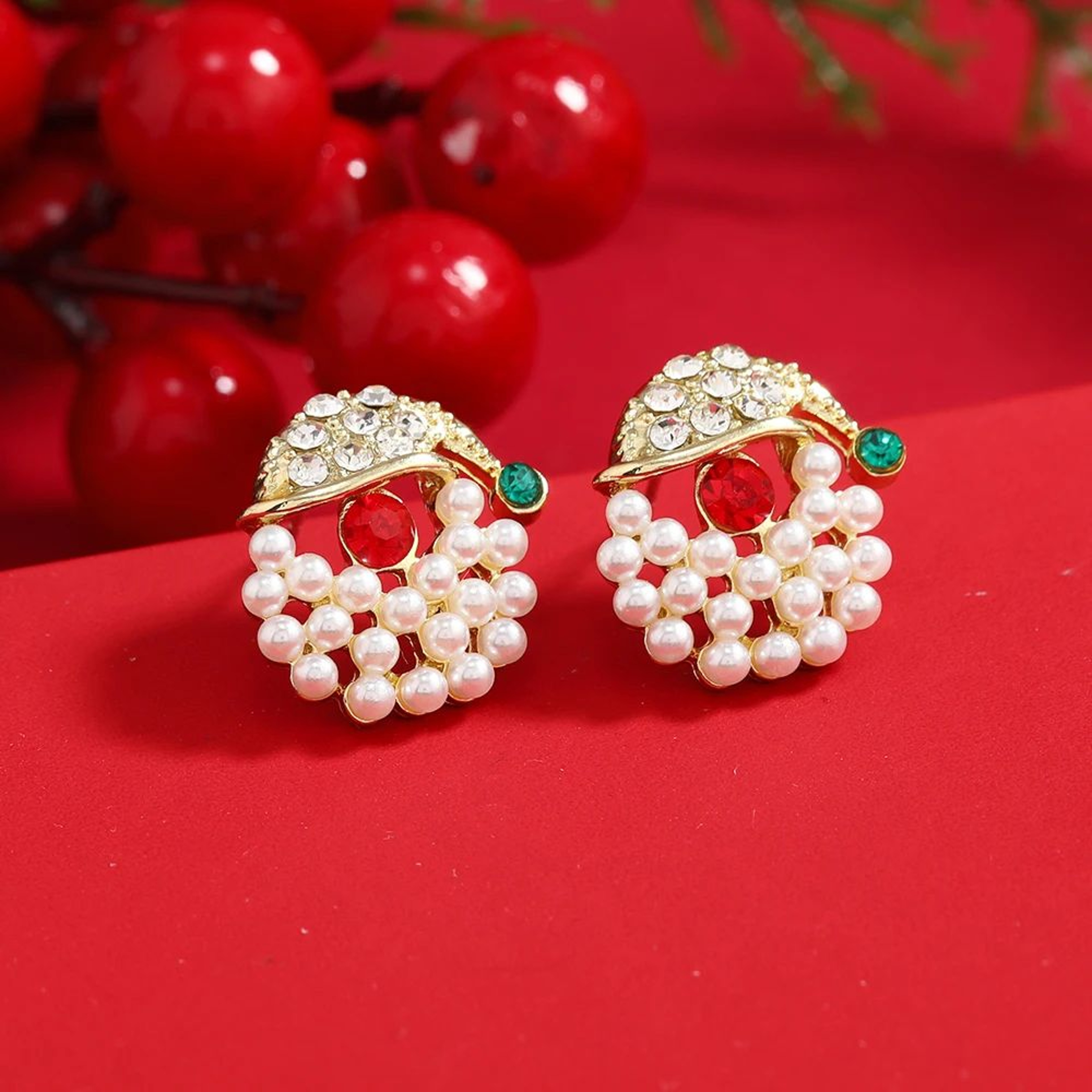 Trendy Christmas Rhinestone Pearl Stud Earrings 1
